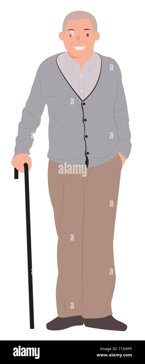 Cartoon persone character design senior uomo in piedi con un bastone da passeggio. Ideale sia per la stampa e il web design. Illustrazione Vettoriale