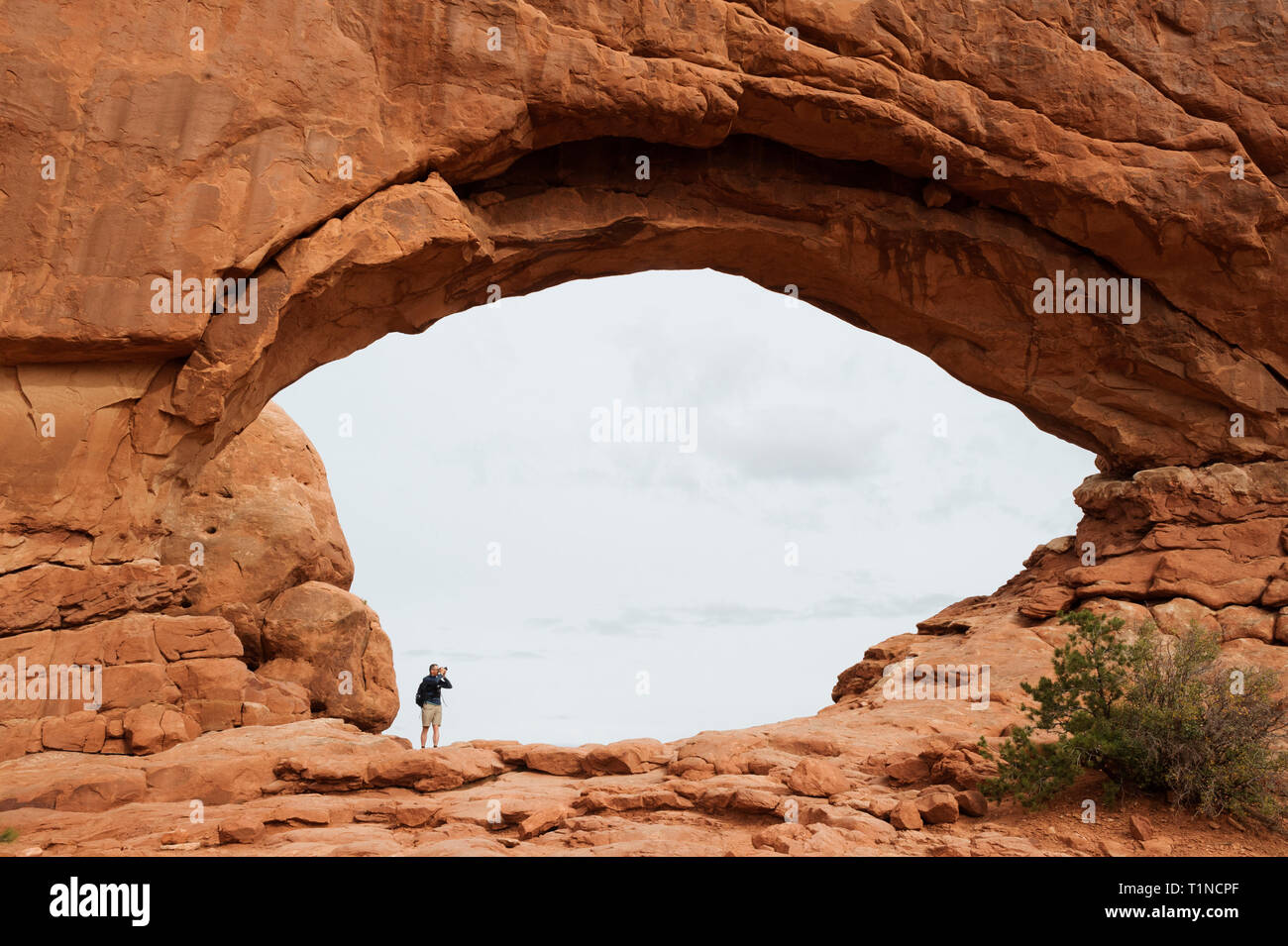 Visitatore di scattare una foto della finestra del Nord Arch nel Parco Nazionale Arches, Utah, Stati Uniti d'America. Foto Stock