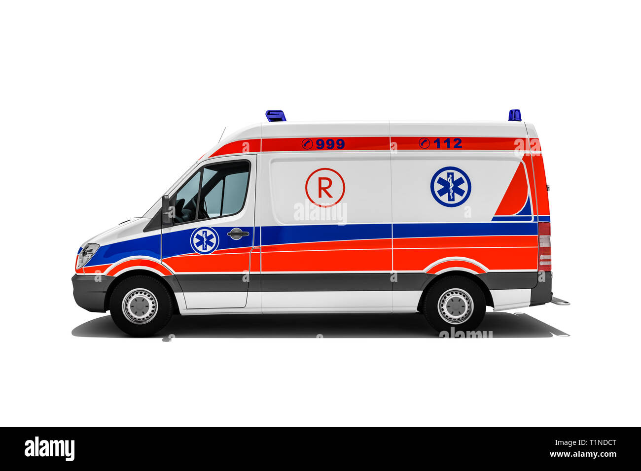 3D rendering di ambulanza o carrello di emergenza del servizio di soccorso con personale paramedico fretta per persona infortunata o vittima di incidente all'ospedale Foto Stock
