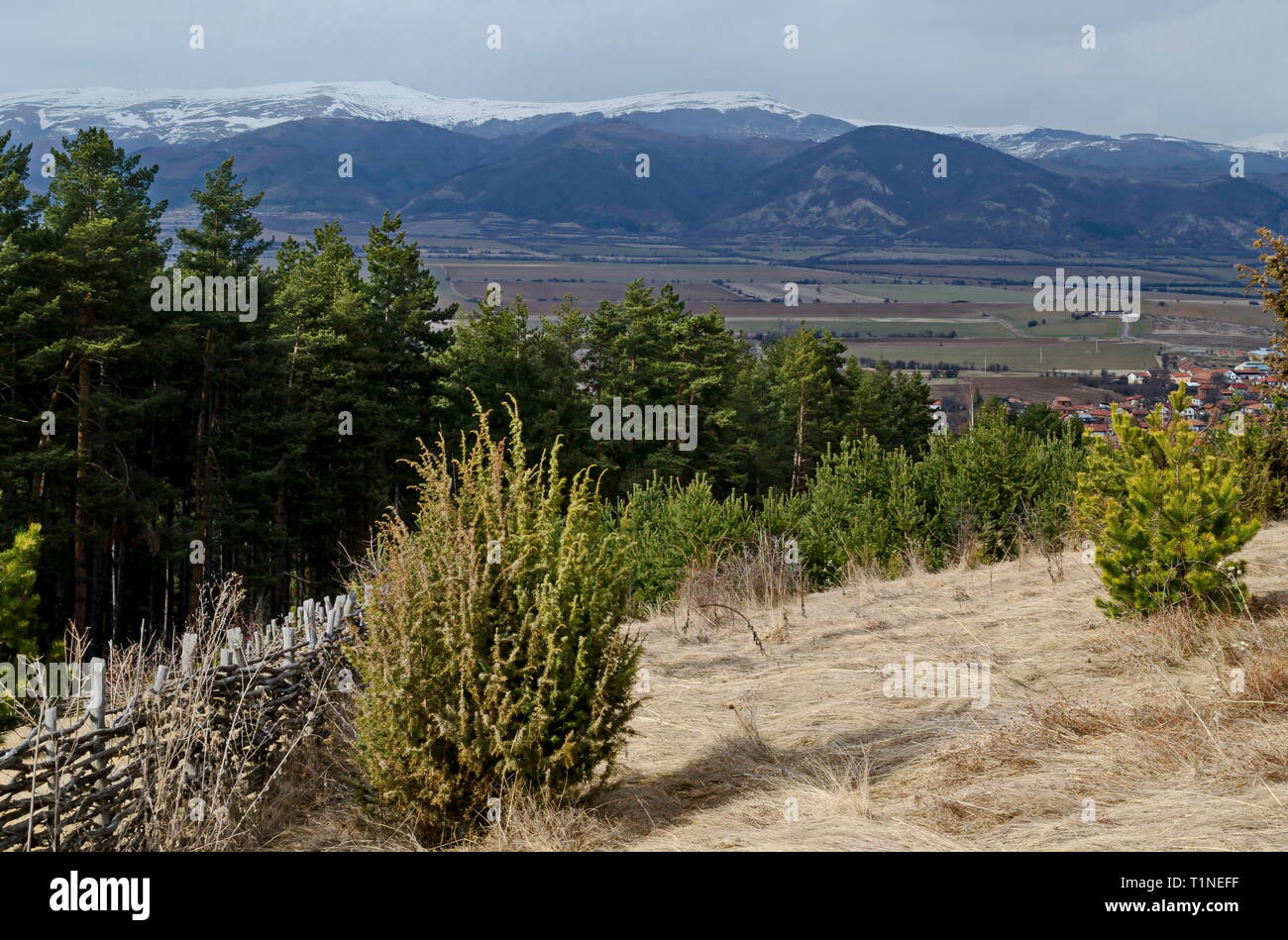 Parte dell'Zlatitsa Pirdop Valley vicino a villaggio Chavdar con graticcio, sullo sfondo della neve montagna balcanica, Sofia, Bulgaria, Europa Foto Stock