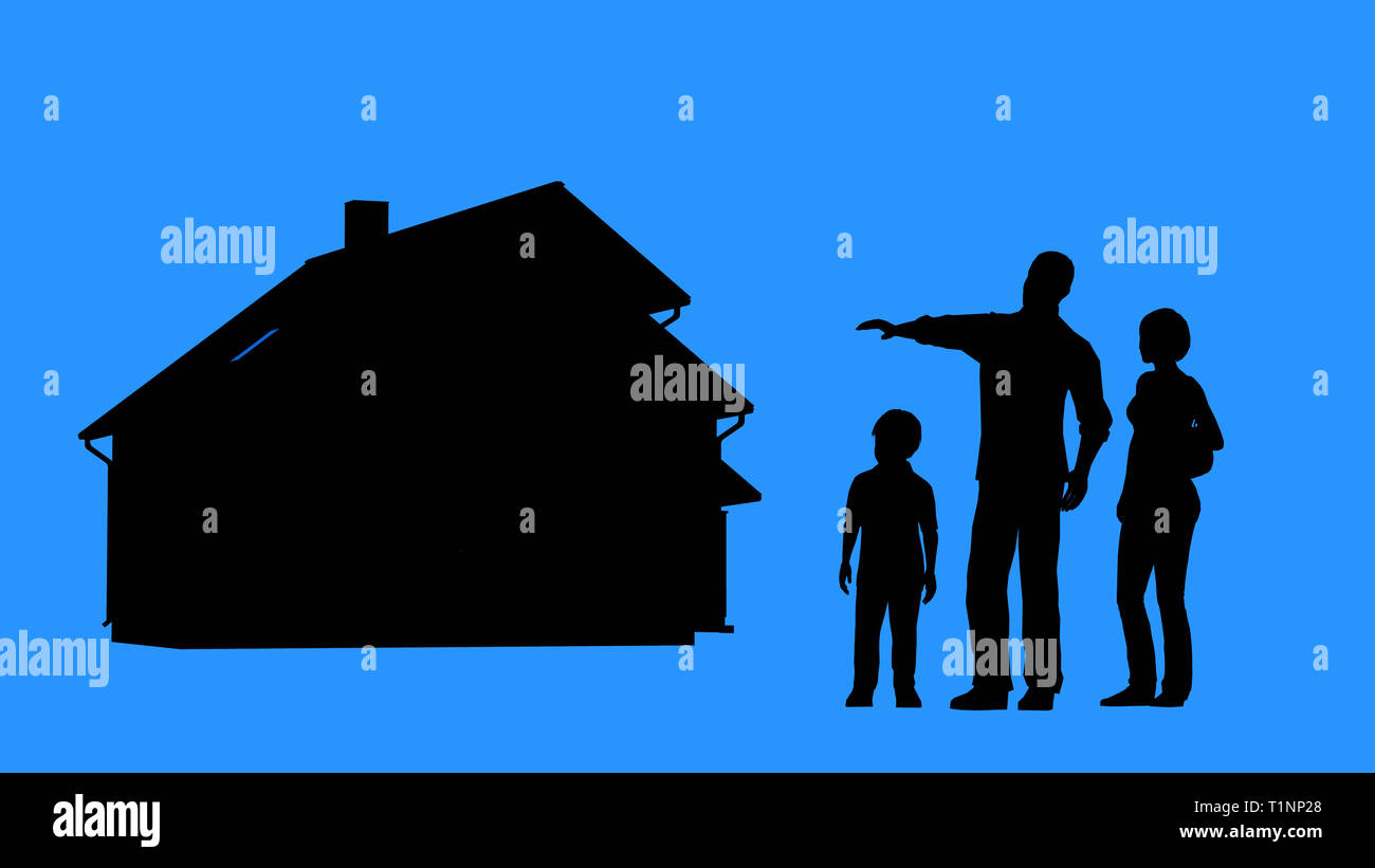 Famiglia comprare una casa. Acquisto di beni immobili o il concetto di assicurazione. Famiglia in piedi di fronte a casa. L uomo e la donna la pianificazione per la costruzione di una casa. Foto Stock