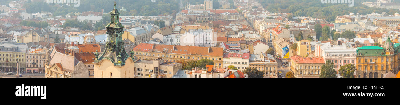 Lviv, Ucraina - 1 Settembre 2018: la cattedrale latina. Mattinata nebbiosa del centro città dalla Torre Civica. I tetti della città vecchia Foto Stock