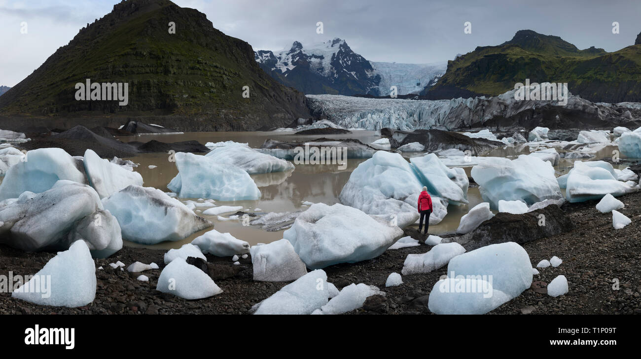 La donna vista posteriore e in piedi di fronte ad uno splendido scenario del ghiacciaio selvatico, circondato da enormi iceberg, viaggiatori in Islanda, Skaftafellsjökull Glacie Foto Stock