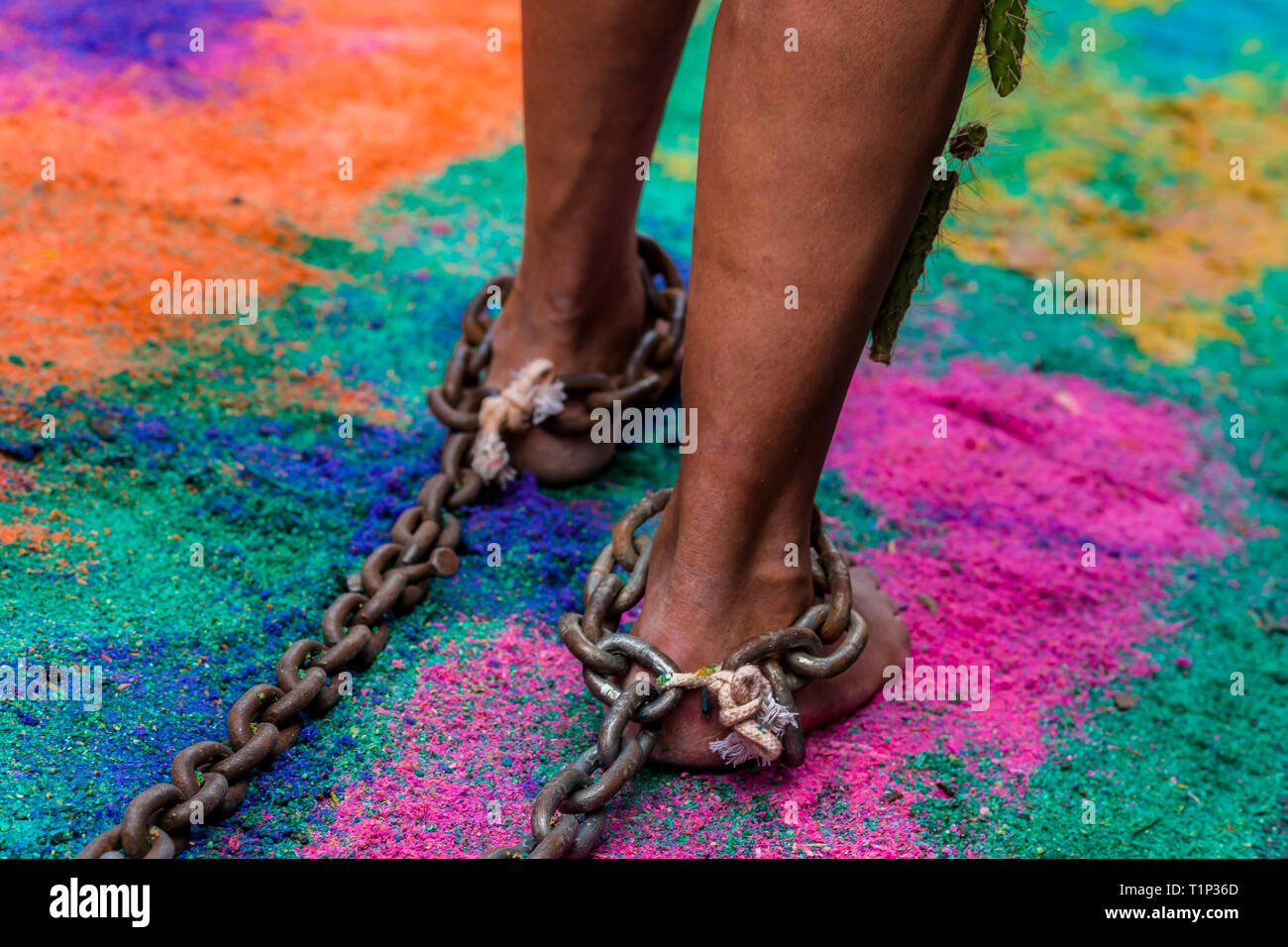 Un cattolico penitente, con cactus spine bloccato per la sua gamba, catene trascina su un tappeto di segatura durante la settimana Santa processione in Atlixco, Messico. Foto Stock