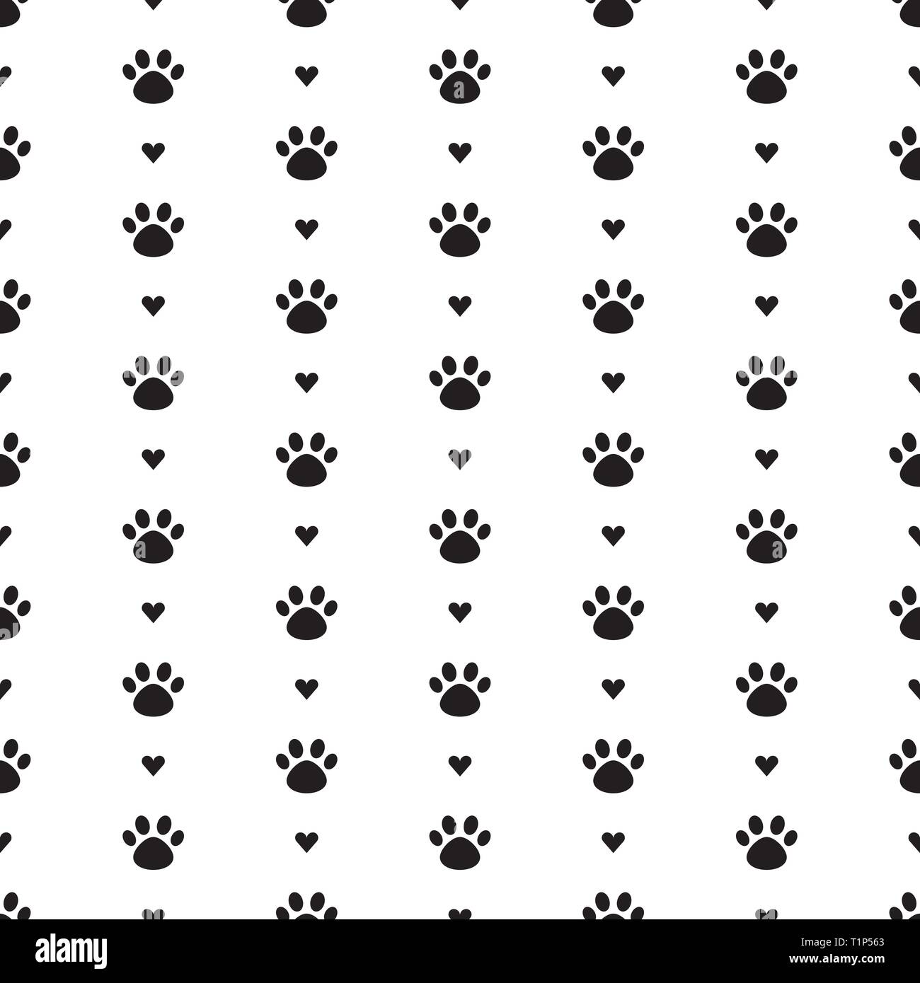Vector seamless pattern con gatto cane paw paw, cuori. Nero e sfondo bianco Illustrazione Vettoriale