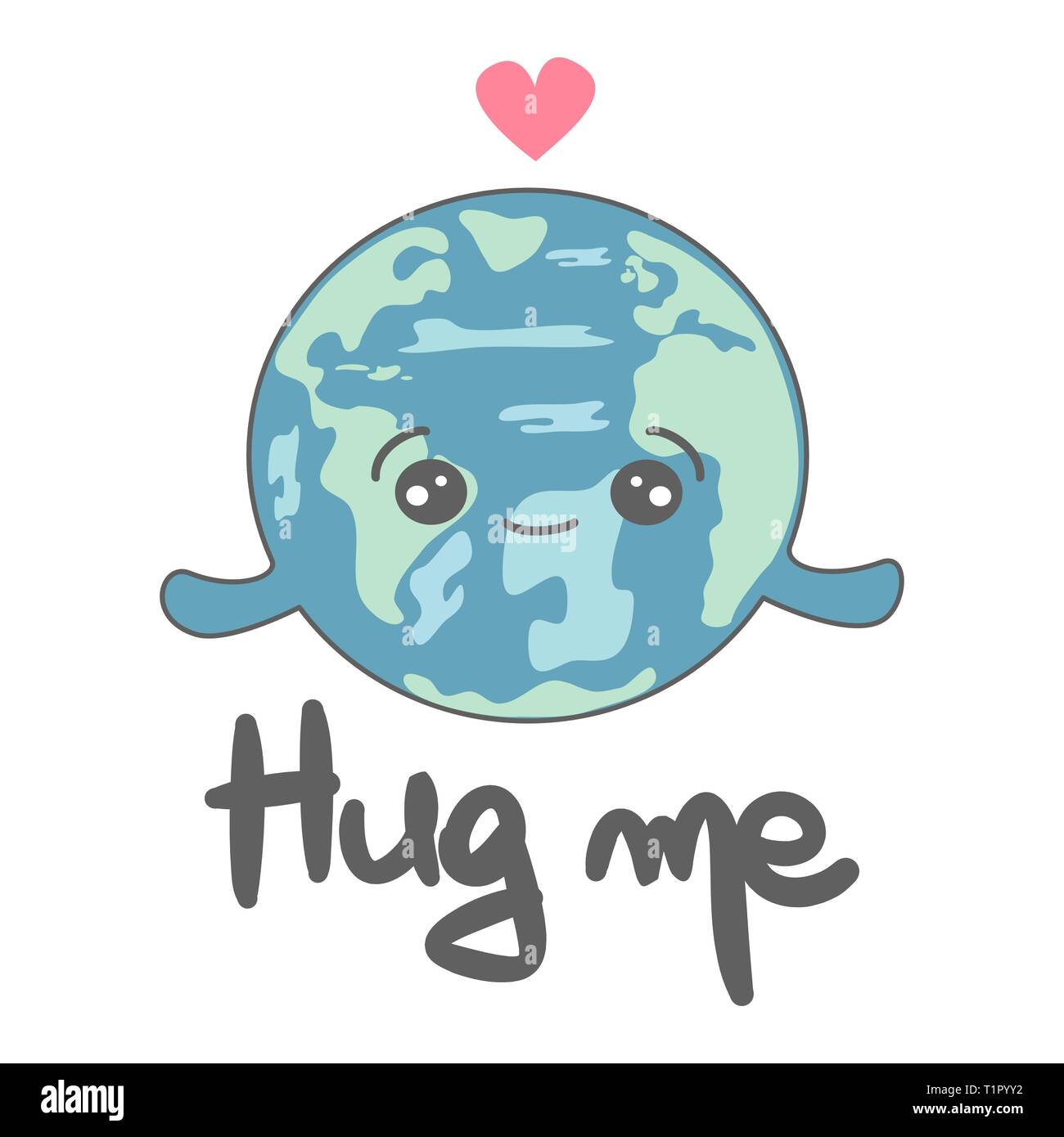 Vettore di carino disegnato a mano scritte hug me card con il cartoon pianeta terra concetto illustrazione Illustrazione Vettoriale