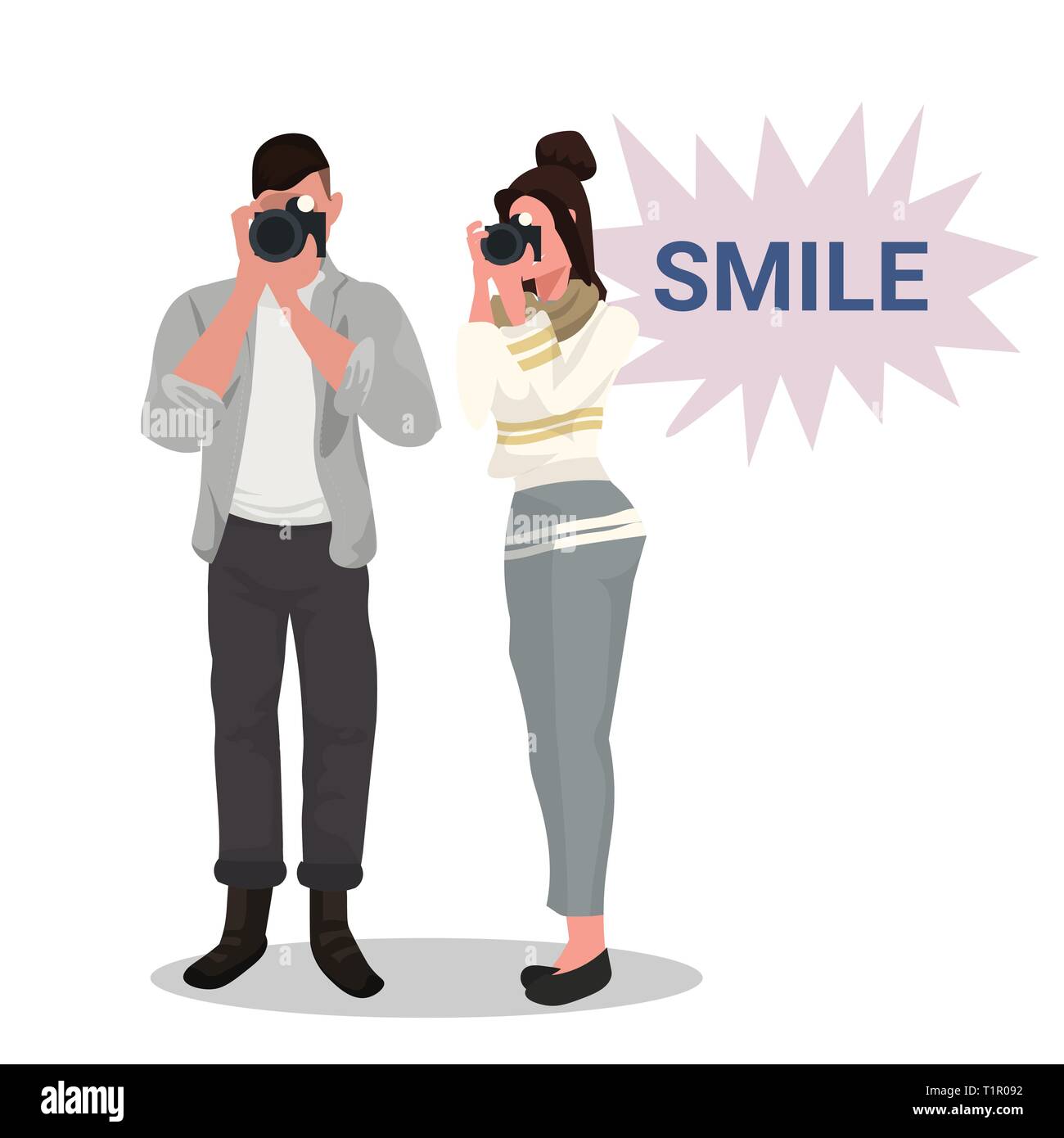 Giovane fotografi tenendo la foto con la fotocamera donna uomo in piedi e la ripresa di attività professionale maschile femminile i personaggi dei cartoni animati a piena lunghezza flat Illustrazione Vettoriale