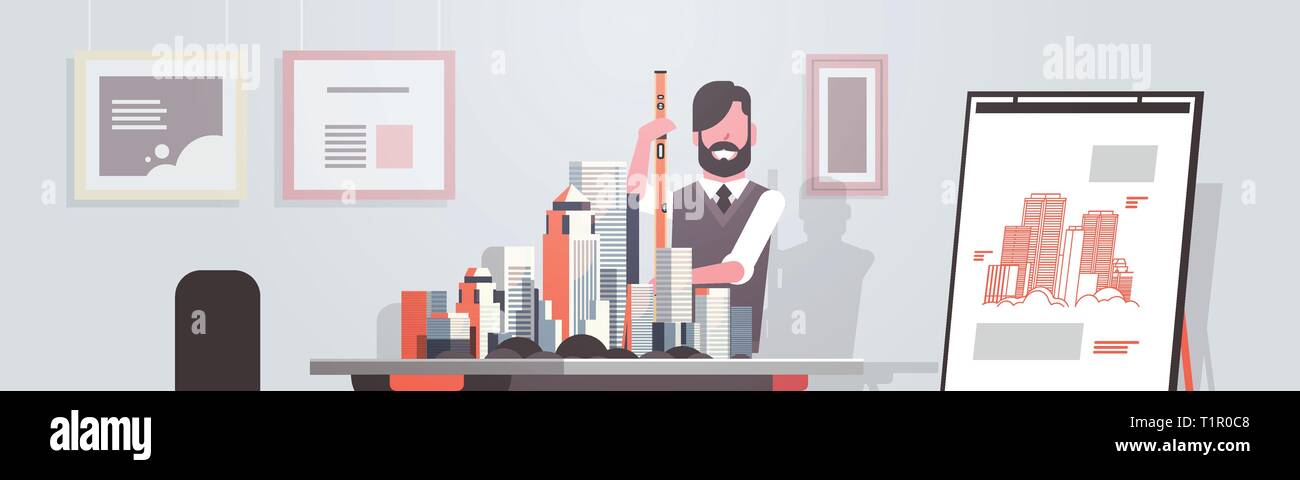 L'uomo architetto livello di contenimento ingegnere di lavoro con il nuovo edificio città modello per il panning urbano concetto di progetto Progetto casa ufficio moderno studio Illustrazione Vettoriale