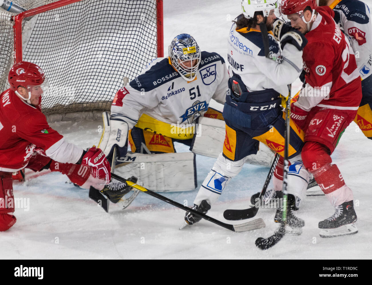 Losanna, Svizzera. 28 marzo, 2019. LNA svizzera di hockey su ghiaccio HC LOSANNA VS EV ZUG - Lausanne Hc Vs RV Zug a Vaudoise Arena, Losanna (Playoff, semi-finale atto II), 28-03-2019. Credito: Eric Dubost/Alamy Live News Foto Stock