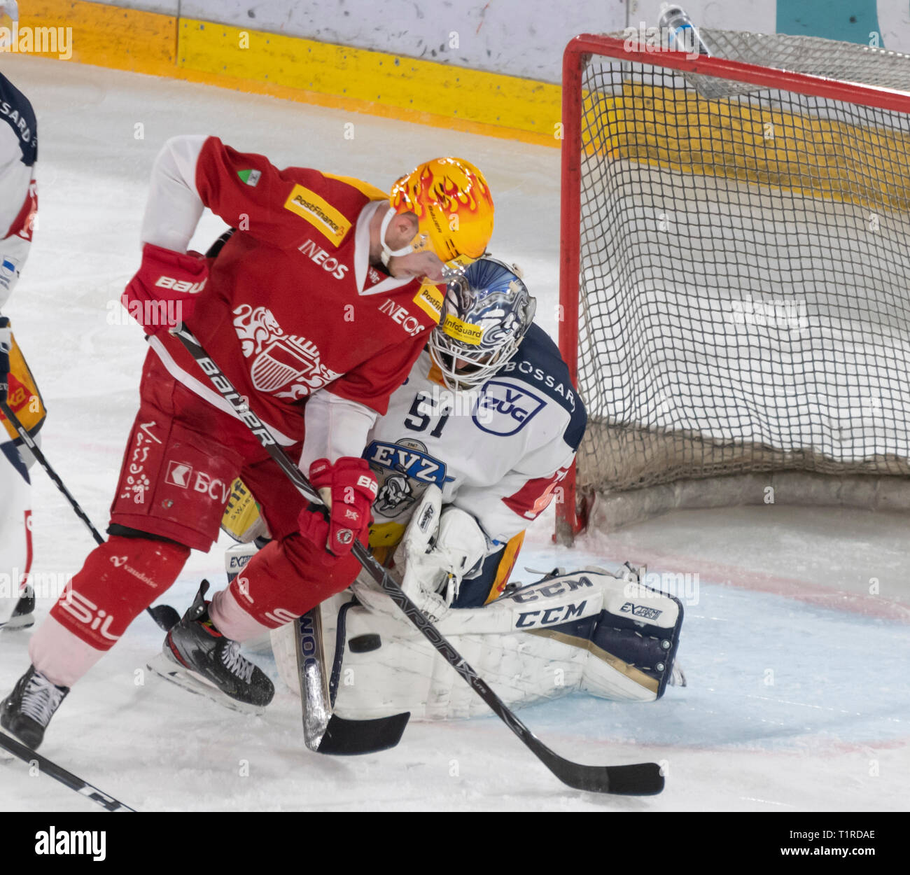 Losanna, Svizzera. 28 marzo, 2019. LNA svizzera di hockey su ghiaccio HC LOSANNA VS EV ZUG - Lausanne Hc Vs RV Zug a Vaudoise Arena, Losanna (Playoff, semi-finale atto II), 28-03-2019. Credito: Eric Dubost/Alamy Live News Foto Stock