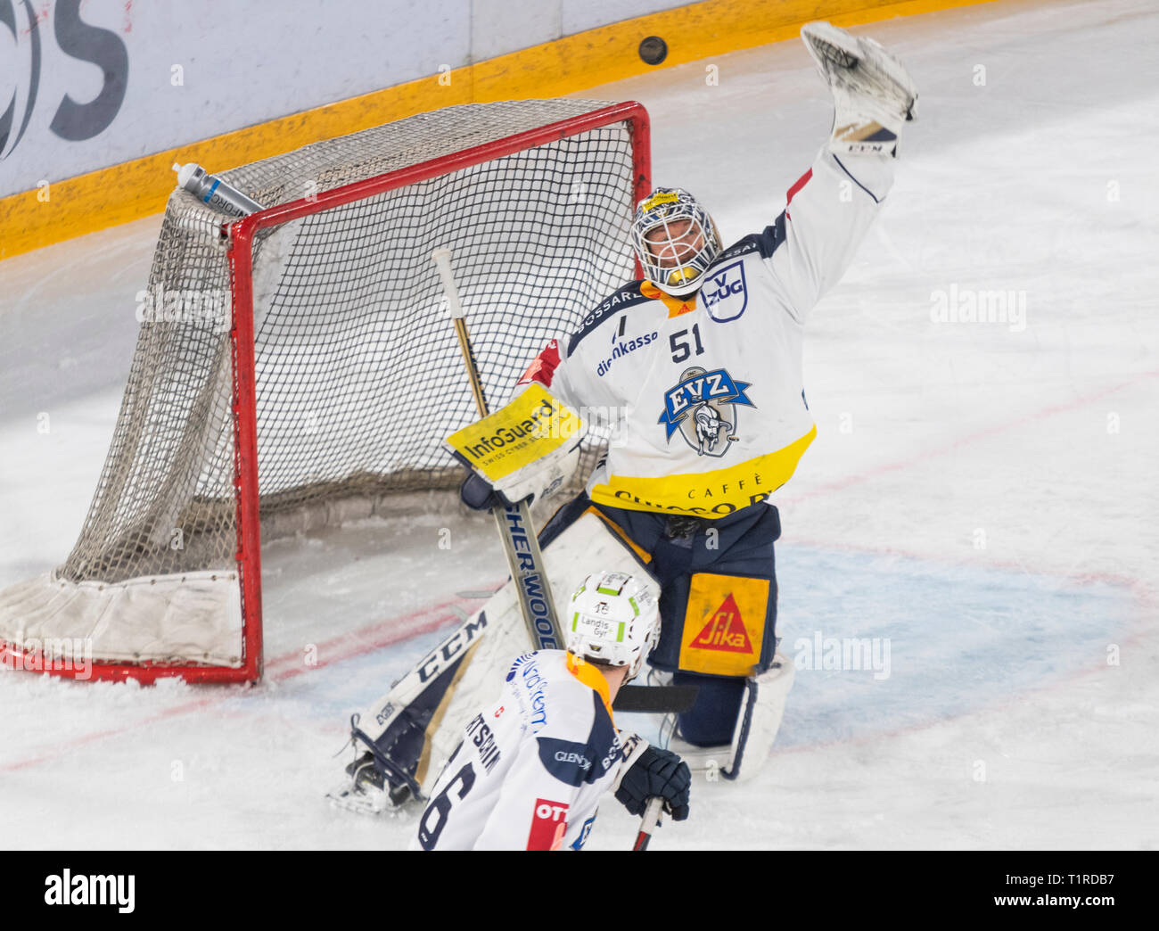 Losanna, Svizzera. 28 marzo, 2019. LNA svizzera di hockey su ghiaccio HC LOSANNA VS EV ZUG - Lausanne Hc Vs RV Zug a Vaudoise Arena, Losanna (Playoff, semi-finale atto II), 28-03-2019. Credito: Eric Dubost/Alamy Live News Foto Stock