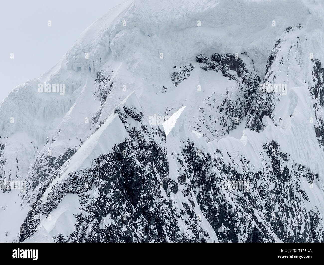 Aspre cime ricoperte di neve nel canale di Lemaire, Antartide. Foto Stock