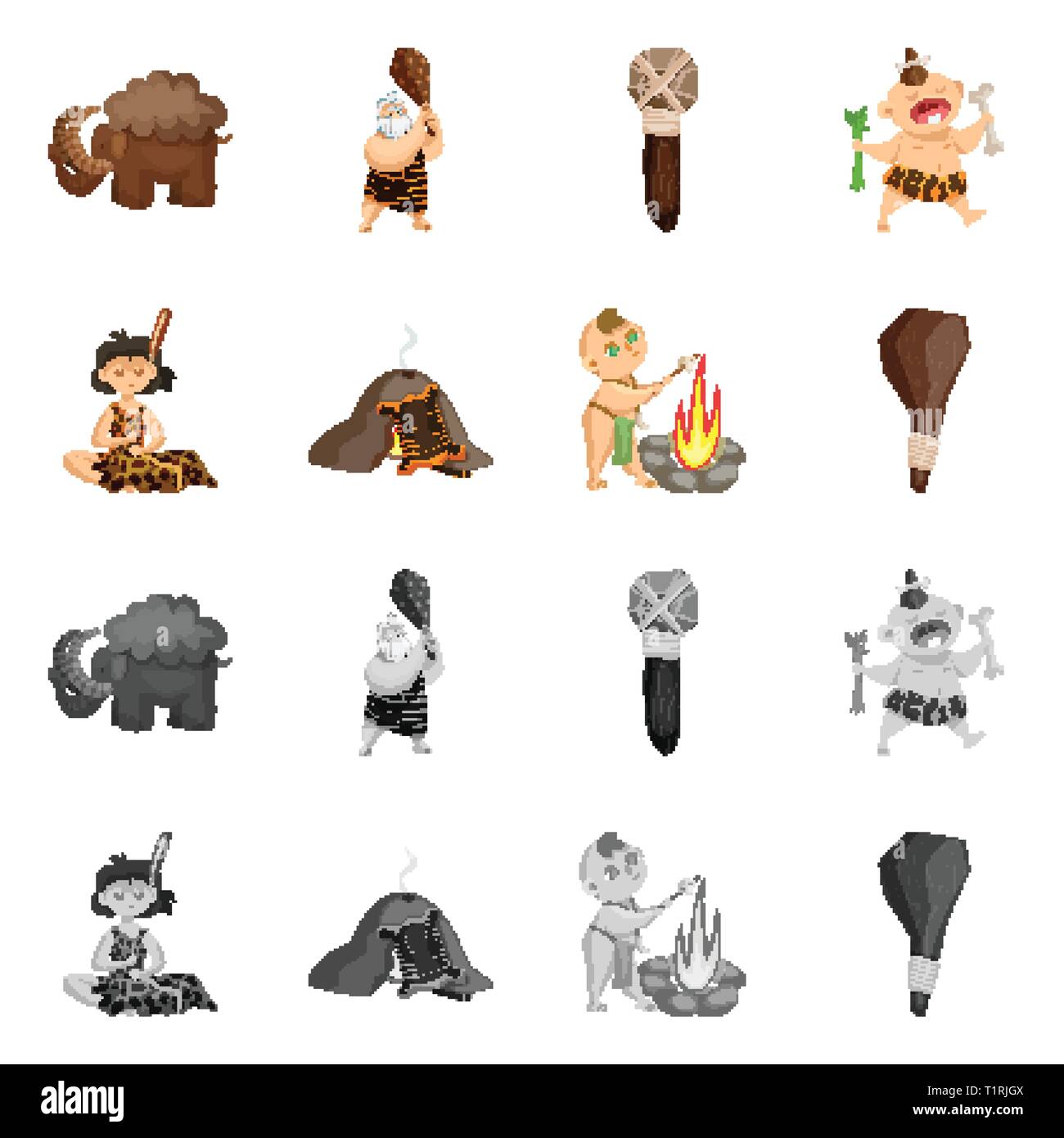 Mammoth,l'uomo,martello,kid,donna, caverna,randello animale,,primigenie,preistoria,arma,wool,warrior,pietra,cucire,falò,homosapiens,attrezzo,dolci,pelle,campfire,pietre,attrezzi,brosmio,neanderthal,osso,leopard,Casa,technology,bianco,evoluzione,preistoria,sapiens,sviluppo,antica,l'età,primitiva,archeologia,sopravvivenza,storia,impostare,vettore,icona,immagine,isolato,raccolta,design,l'elemento,graphic,segno vettori vettore , Illustrazione Vettoriale