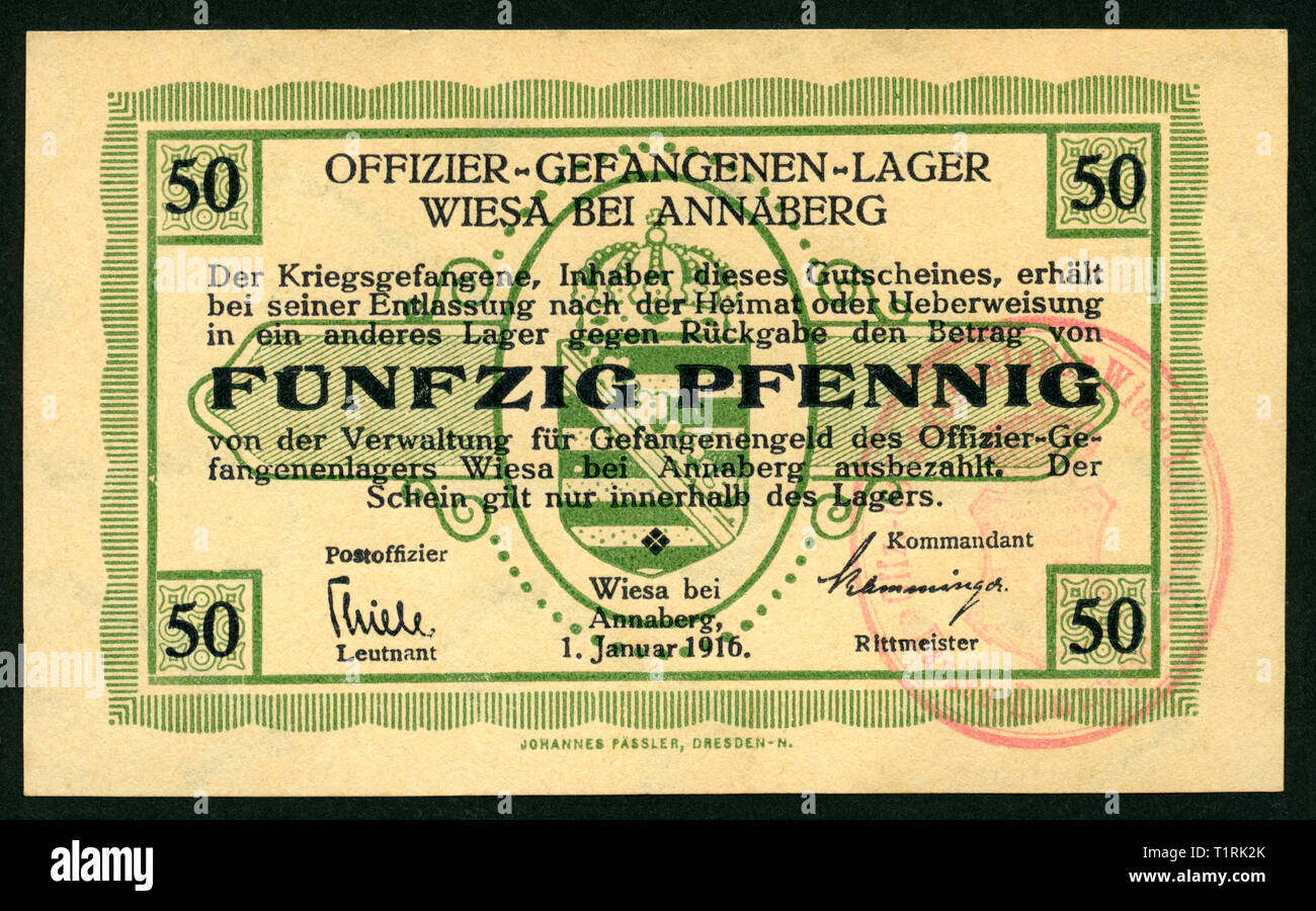 In Germania, in Sassonia, Wiesa, ufficiali campo di prigionia Wiesa vicino Annaberg, coupon per cinquanta pence dal 01. Gennaio 1916, questa nota è colpevole solo in questo campo, di dimensioni 10 cm x 6 cm. , Additional-Rights-Clearance-Info-Not-Available Foto Stock
