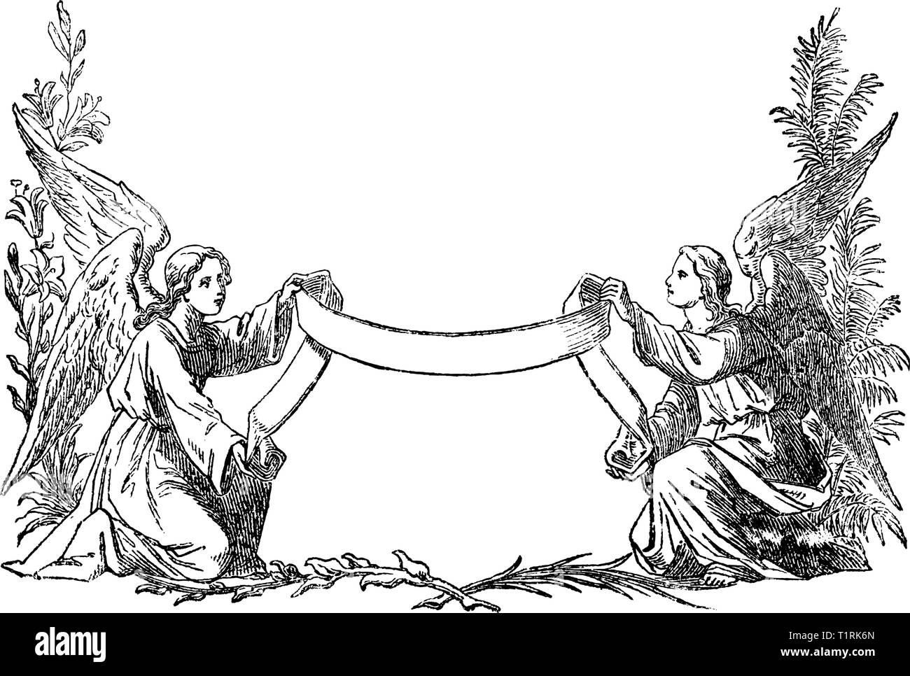 Vintage antique illustrazione e disegno della linea di incisione o di due angeli azienda nastro decorativo. Non vi è lo spazio per il tuo testo. Illustrazione Vettoriale