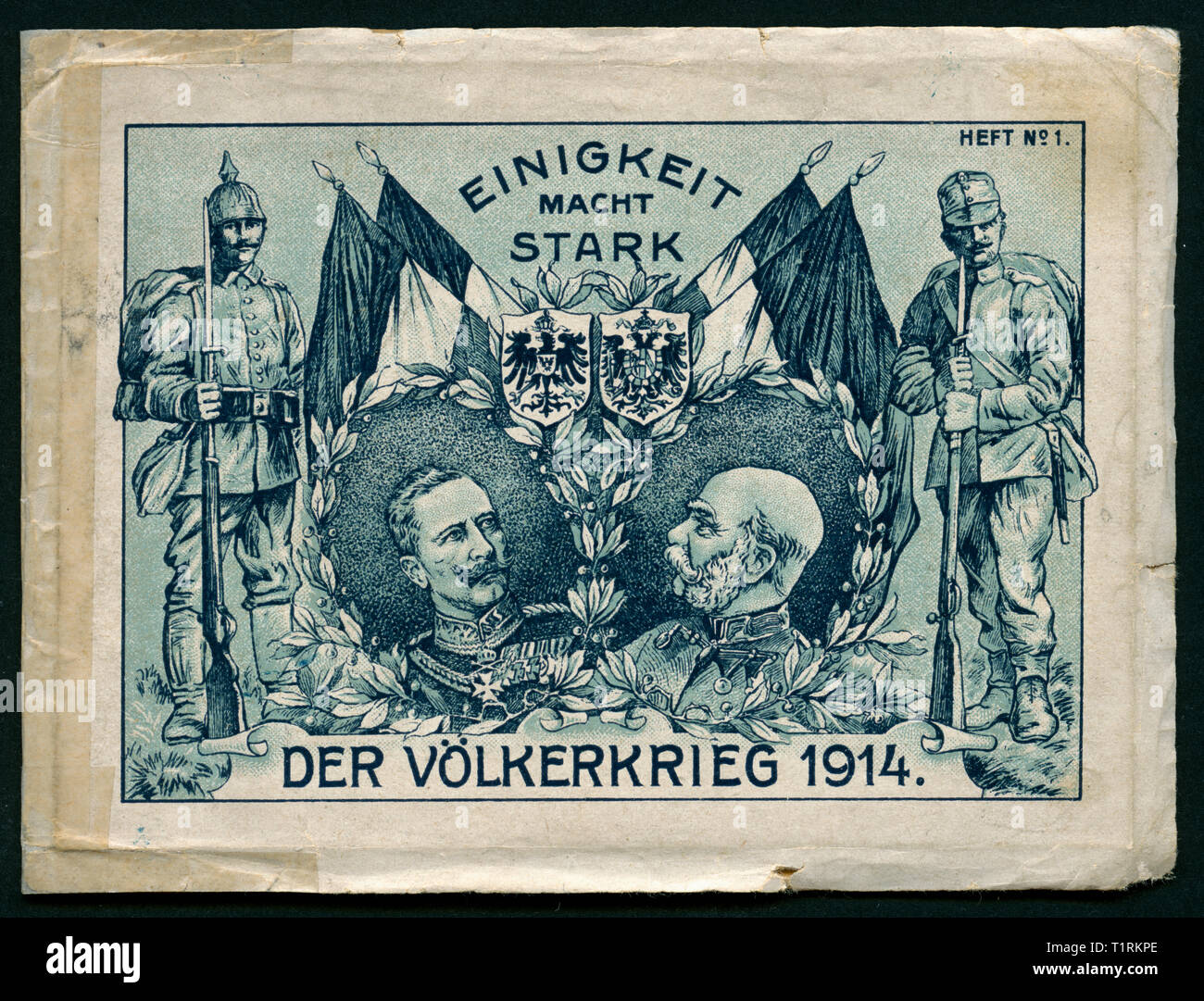 Germania, Berlino, WW I, leporello con dieci disegni colorati con situazioni da WW I con il titolo: "Unità ci rende forti - la guerra dei popoli 1914 ' problema n. 1, sul coperchio vi sono i ritratti dell'Imperatore Guglielmo II e l'imperatore Franz Josef I, anche un tedesco e un soldato austriaco e i cappotti, l'artista è sconosciuto, la casa editrice è sconosciuto e la data di stampa è sconosciuto., Additional-Rights-Clearance-Info-Not-Available Foto Stock