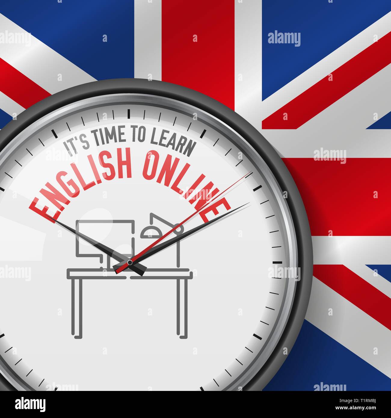 È il momento di imparare on line l'inglese. Vettore di bianco orologio con  slogan motivazionali. Analogico orologio in metallo con vetro. Icona  scrivania Immagine e Vettoriale - Alamy