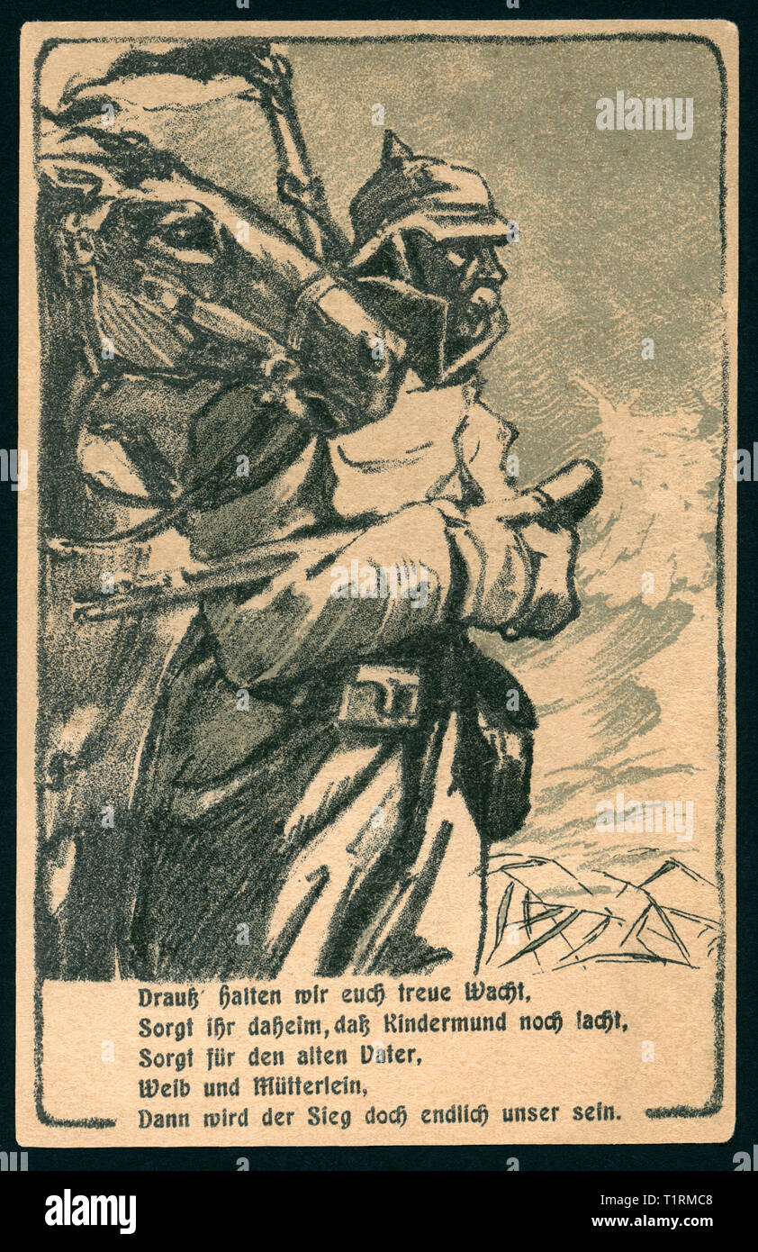 Germania, Hamburg Altona, WW I, cartolina patriottica ' Altona la giornata per le vittime sul 18. 01. 1916 - Il meglio della guerra aiuto di Altona ' con un disegno di un soldato e di un cavallo insieme con una poesia ' Drauß halten wir euch treue Wacht... ', Gli artisti sono sconosciuti., Additional-Rights-Clearance-Info-Not-Available Foto Stock