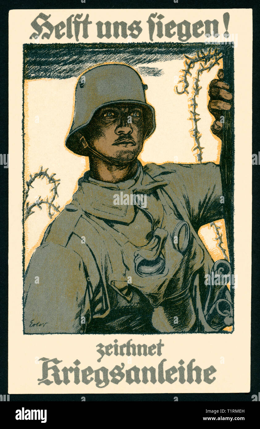 In Germania, in Renania settentrionale-Vestfalia, Godesberg, WW I, patriottica cartolina con il testo: "Helft uns siegen ! Zeichnet Kriegsanleihe" (ci aiuti a essere vittorioso ! Acquista la guerra il prestito), e un disegno di un soldato, artista cartolina del pittore tedesco Fritz Erler (1868-1940), stampato da Selmar Bayer, Berlino, cartoline inviate 21. 05. 1917. , Additional-Rights-Clearance-Info-Not-Available Foto Stock