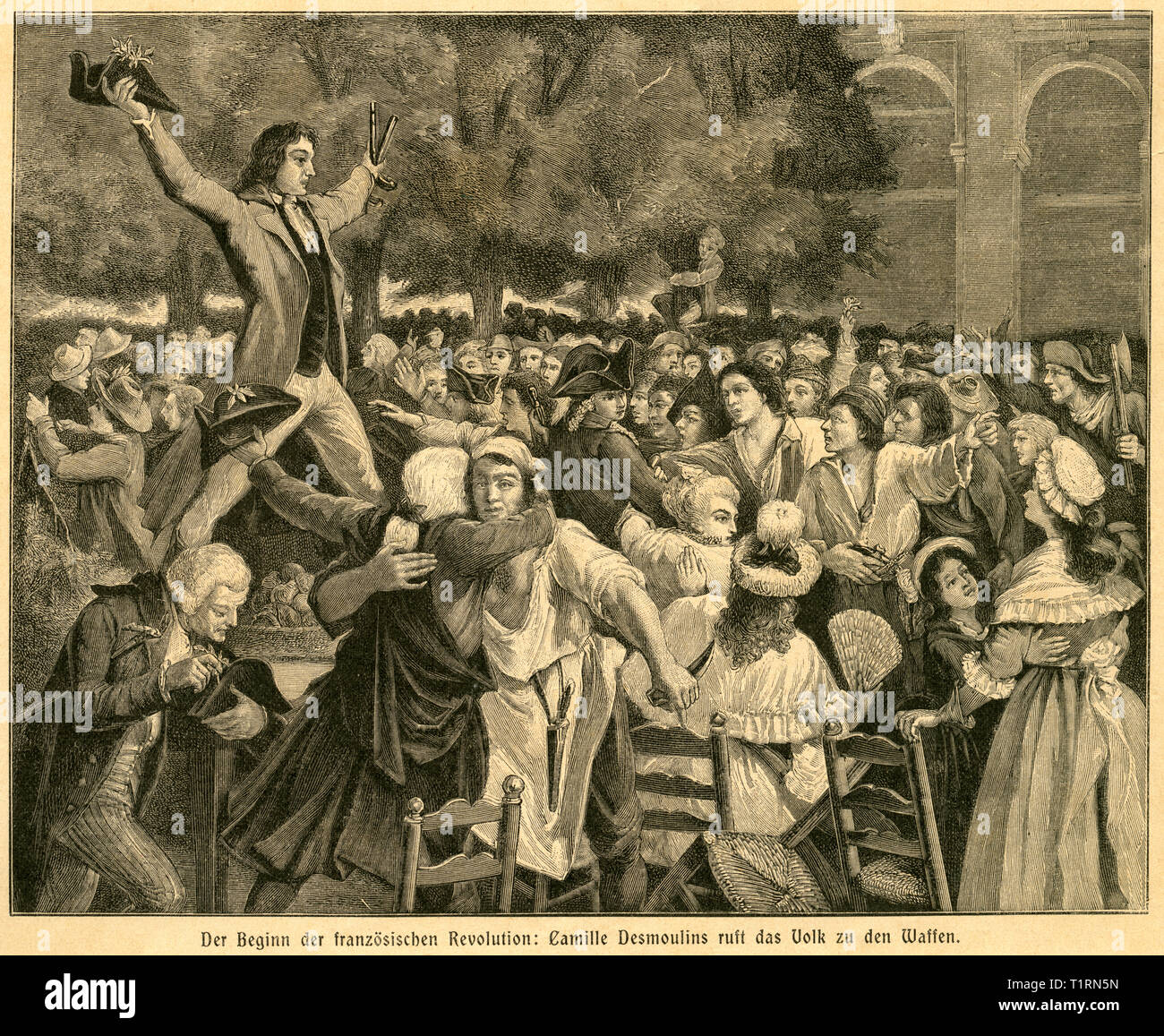 Francia, Parigi, testo originale dell'immagine: "l'inizio della rivoluzione francese: Camille Desmoulins chiamata alle armi ', artista sconosciuto, dal libro: "Illustrierte Geschichte des 19. Jahrhunderts' (Storia del XIX secolo con le illustrazioni), pubblicato da Union Deutsche Verlagsgesellschaft, Stoccarda, Berlino, Lipsia, 1900. , Additional-Rights-Clearance-Info-Not-Available Foto Stock