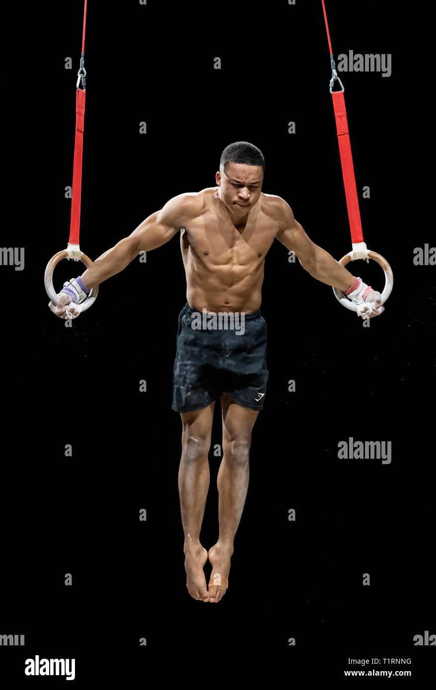 22.03.2019. Resorts World Arena, Birmingham, Inghilterra. La Gymnastics World Cup 2019 Joe Fraser (GBR) durante la mens della sessione di formazione. Foto Stock