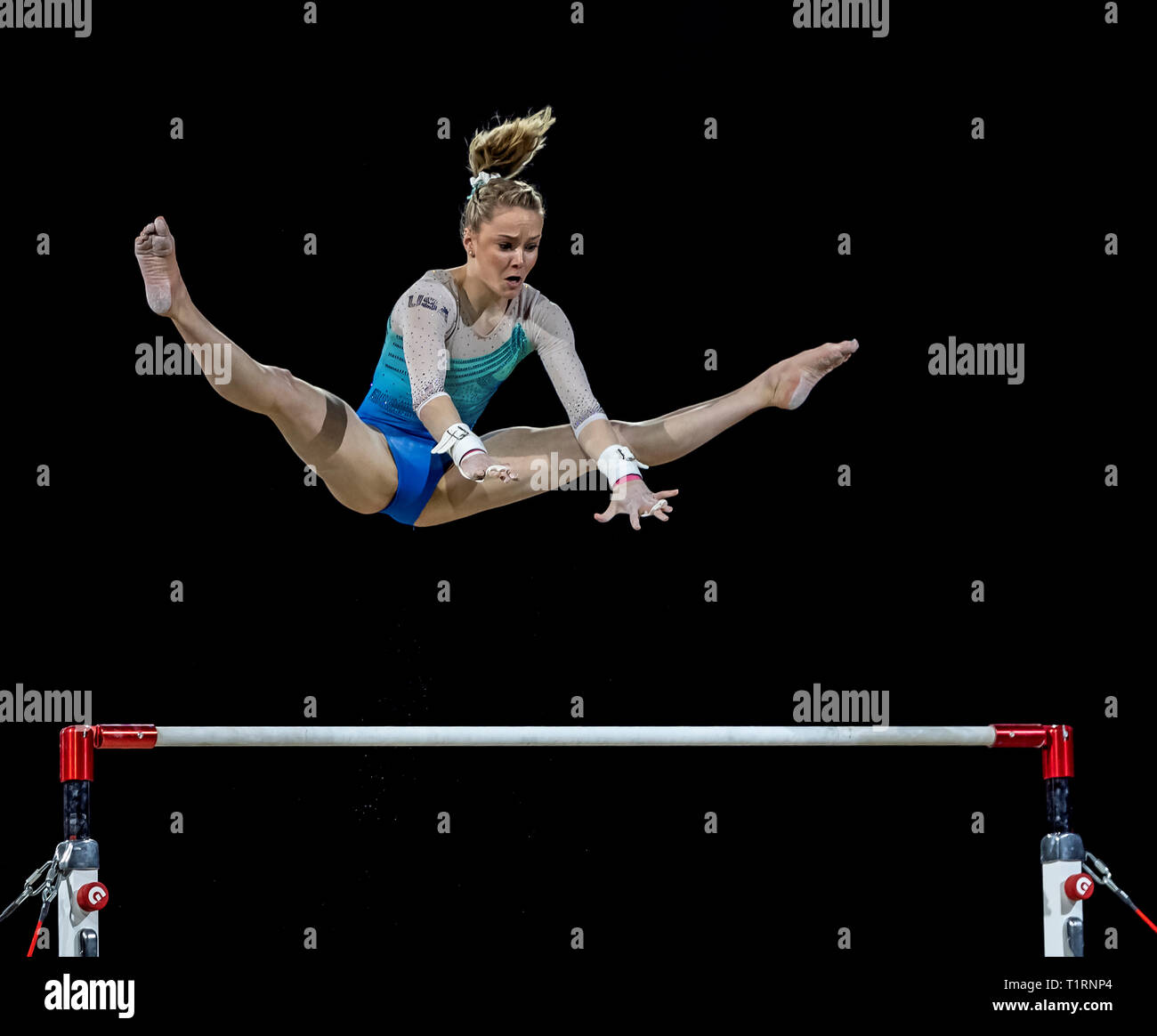 23.03.2019. Resorts World Arena, Birmingham, Inghilterra. La Gymnastics World Cup 2019 Riley McCusker (USA) durante le barre irregolari, rigature 14.40 e pinna Foto Stock