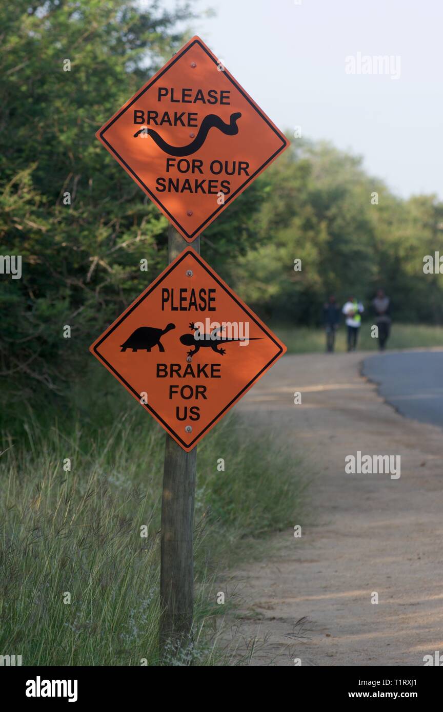 Protezione animale segni sul ciglio della strada in Marloth Park, Sud Africa Foto Stock
