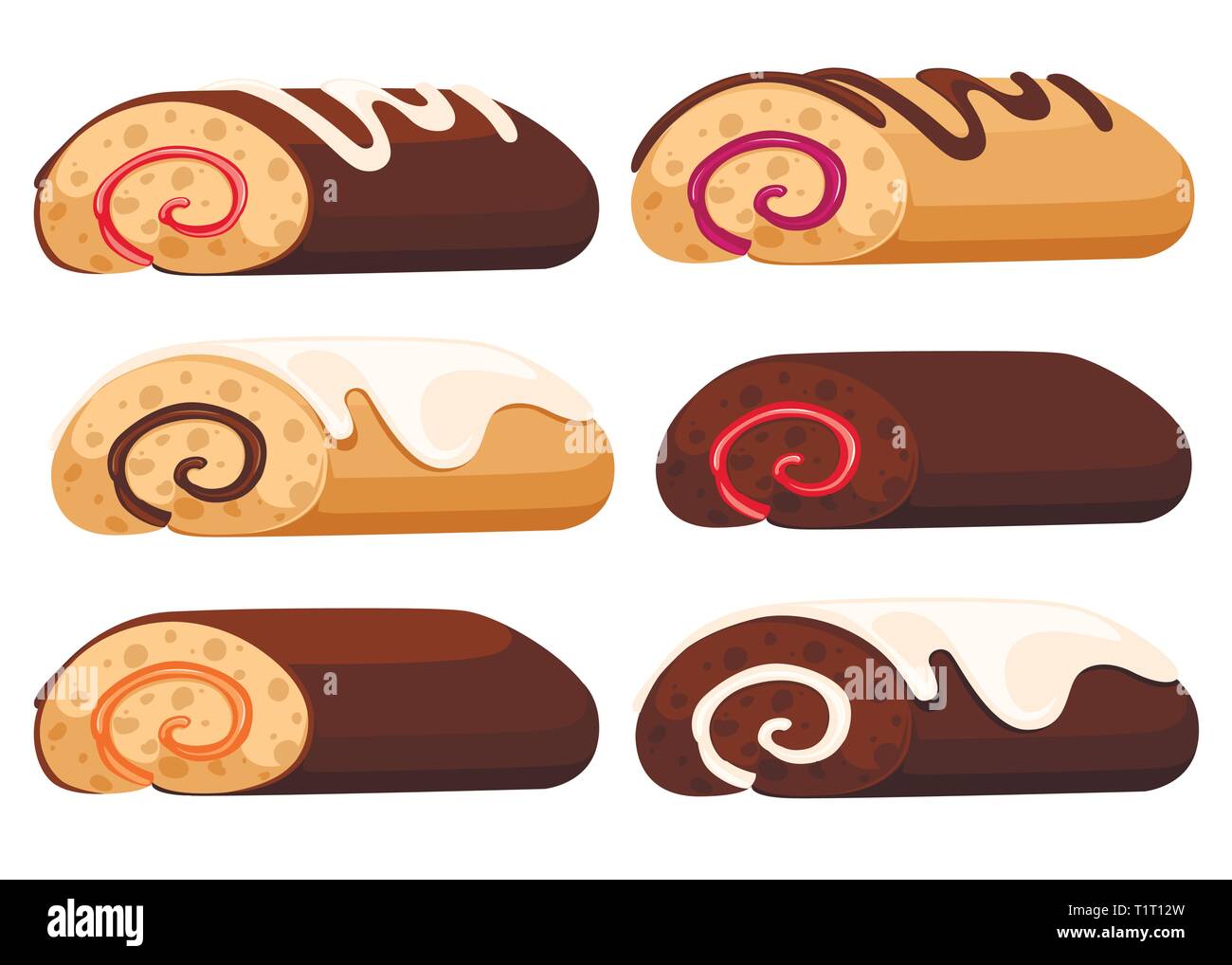 Rotolo dolce torta. Il cioccolato svizzero di rotolo. Raccolta di torte. Piatto illustrazione vettore isolato su sfondo bianco. Illustrazione Vettoriale