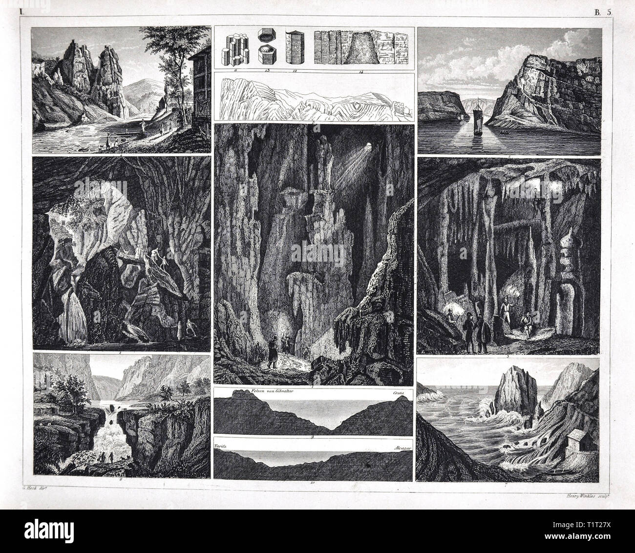 1849 Bilder Scienze Naturali Stampa formazioni geologiche comprese grotte cascate e affioramenti di roccia e altri naturali formazioni di roccia Foto Stock