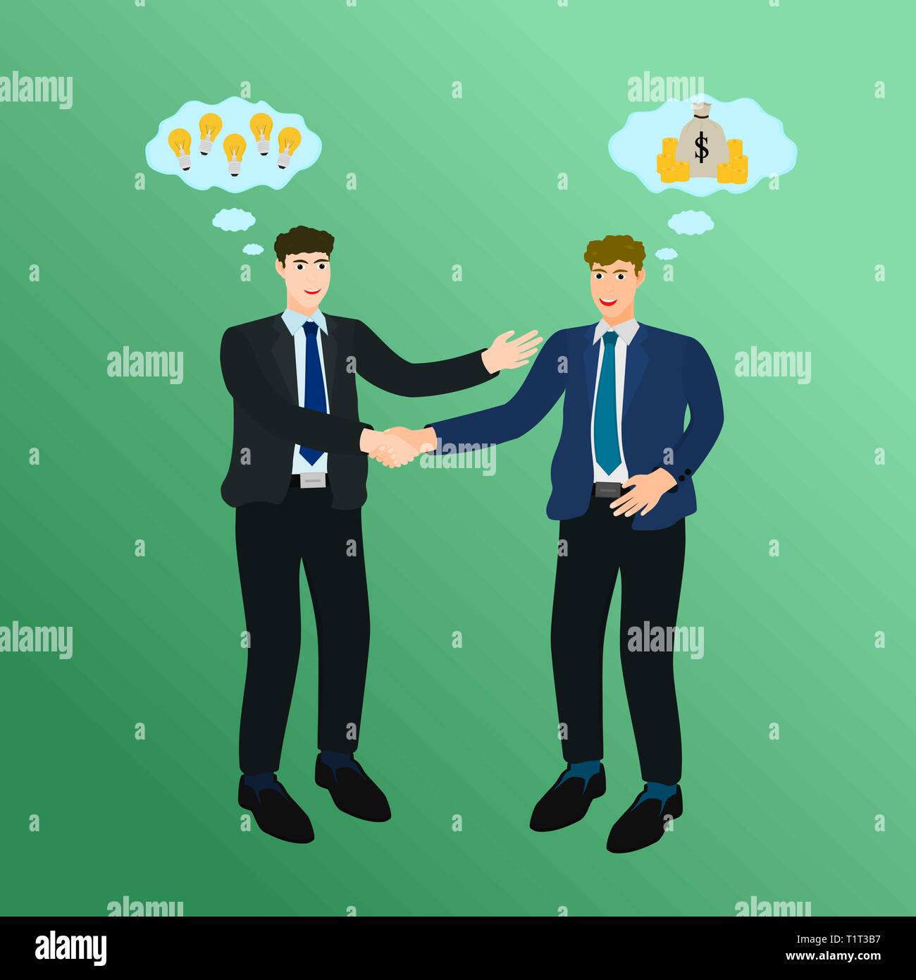 Imprenditore accordo di handshake con idea e denaro , successo il concetto della trattativa Illustrazione Vettoriale