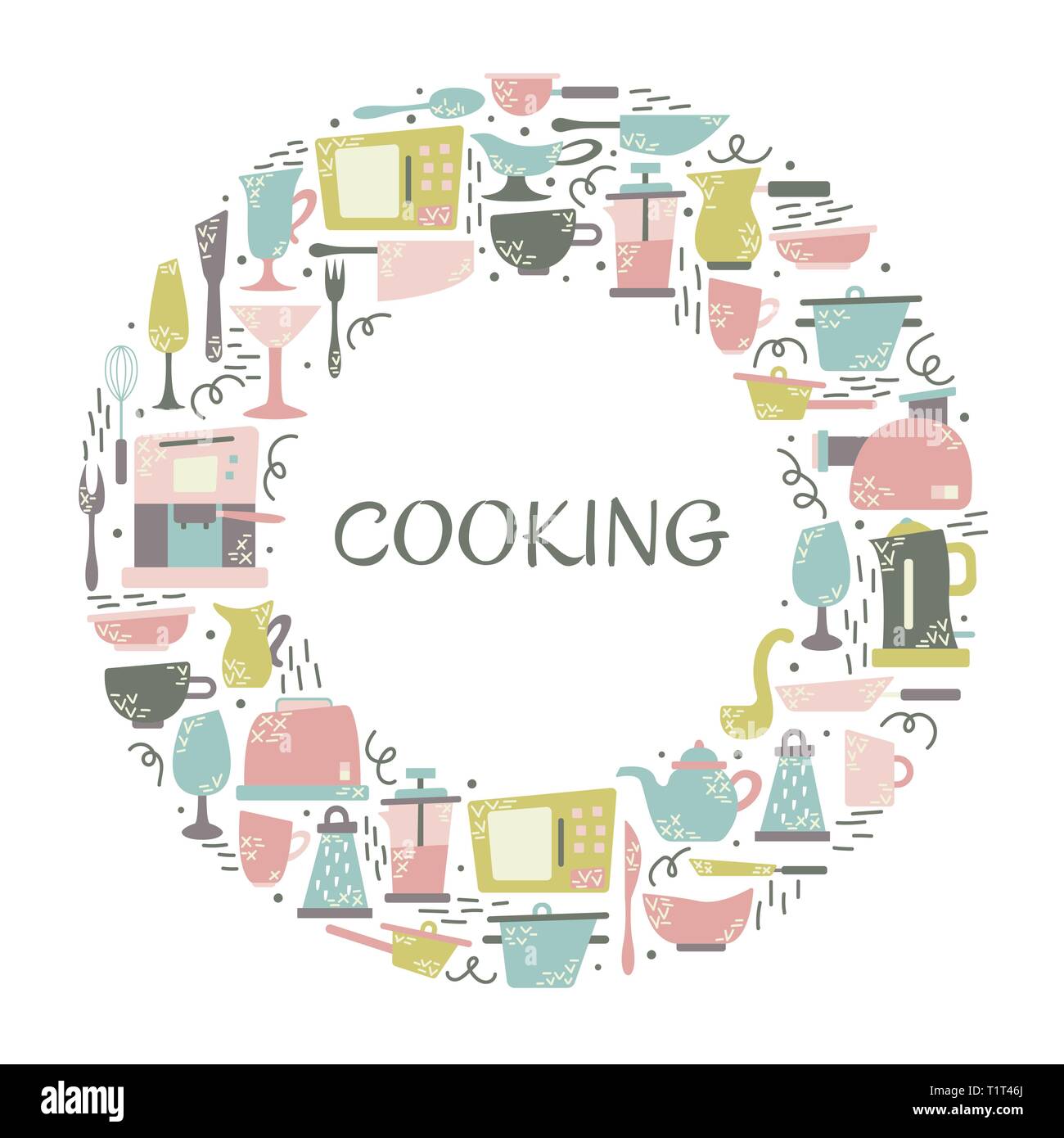 Elettrodomestici per la cucina in stile appartamento con scarabocchi. Utensili per la cottura. Cornice rotonda con un posto per il testo. Illustrazione Vettoriale