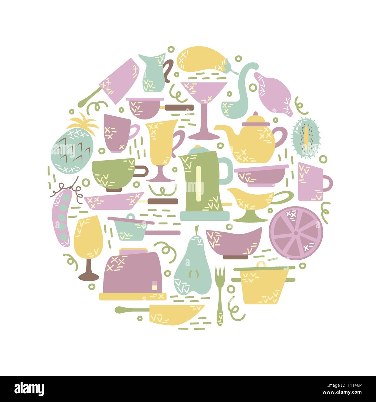 Elettrodomestici per la cucina in stile appartamento con scarabocchi. Utensili per la cottura. La forma rotonda. Illustrazione Vettoriale