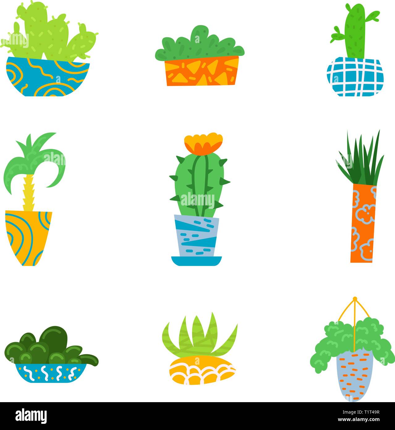 Casa piana di piante in uno stile cartoon. Set di fiori in vaso. Interno. Illustrazione Vettoriale. Illustrazione Vettoriale