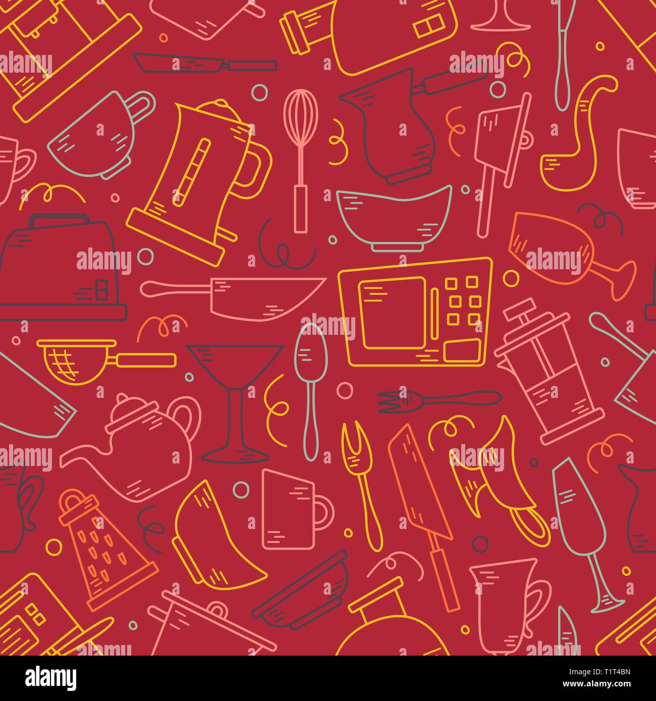 Modello senza cuciture con elettrodomestici da cucina in linee. Sfondo per il design. Per la cottura Illustrazione Vettoriale