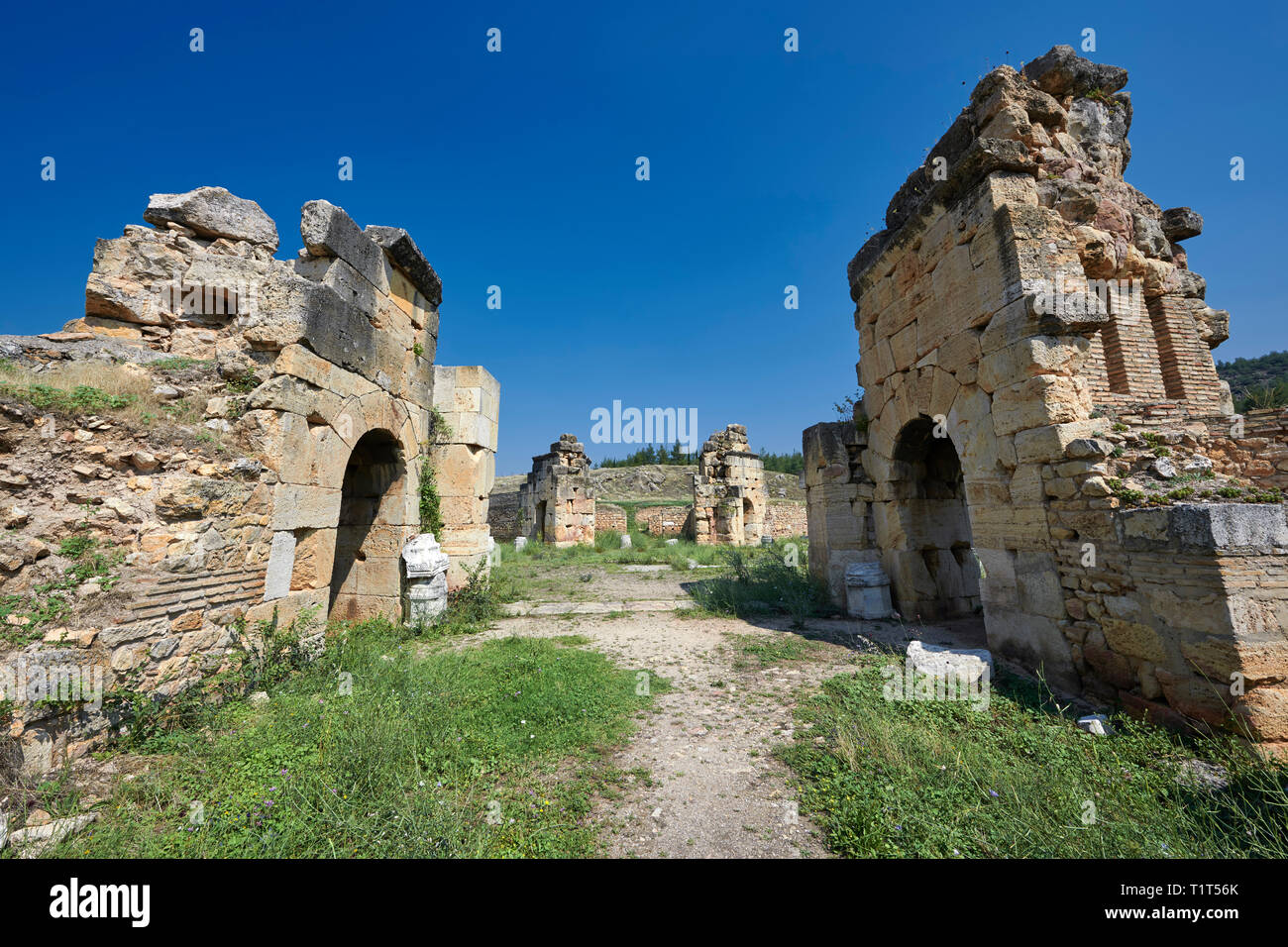 Immagine delle rovine del Martyrion bizantina di San Filippo chiesa e centro di guarigione. Hierapolis sito archeologico nei pressi di Pamukkale in Turchia. Mart Foto Stock