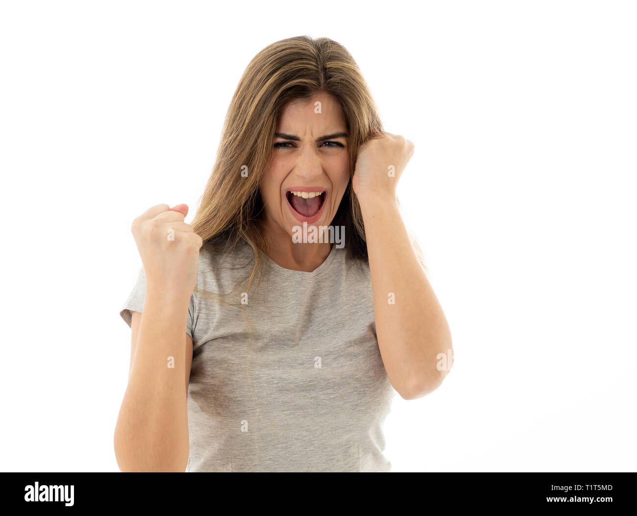 Ritratto di bella donna scioccato vincere la lotteria o avendo grande successo con sorpresa e felice di viso e gesti di espressione del viso umano, Foto Stock