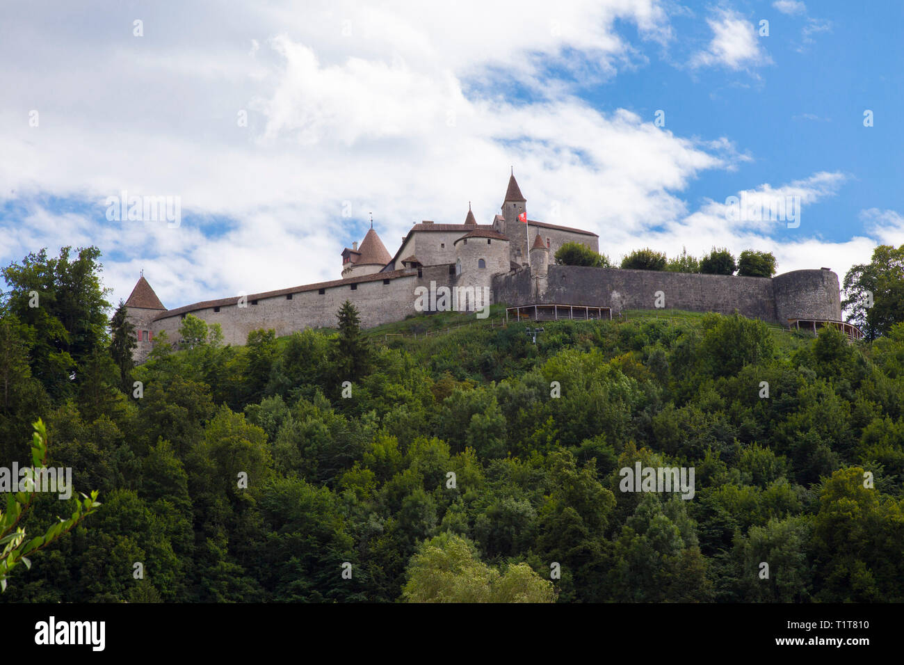 La Svizzera, nel Cantone di Friburgo, Gruyeres, città medievale, il castello. Il castello, uno dei più imponenti in Svizzera, maestosamente presiede Foto Stock