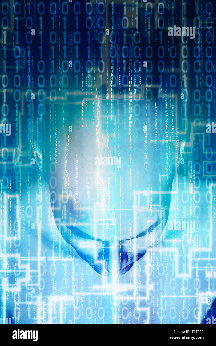 Maschio testa umanoide come concetto di intelligenza artificiale, le future generazioni di esseri umani, cyberlife e creata digitalmente personas Foto Stock