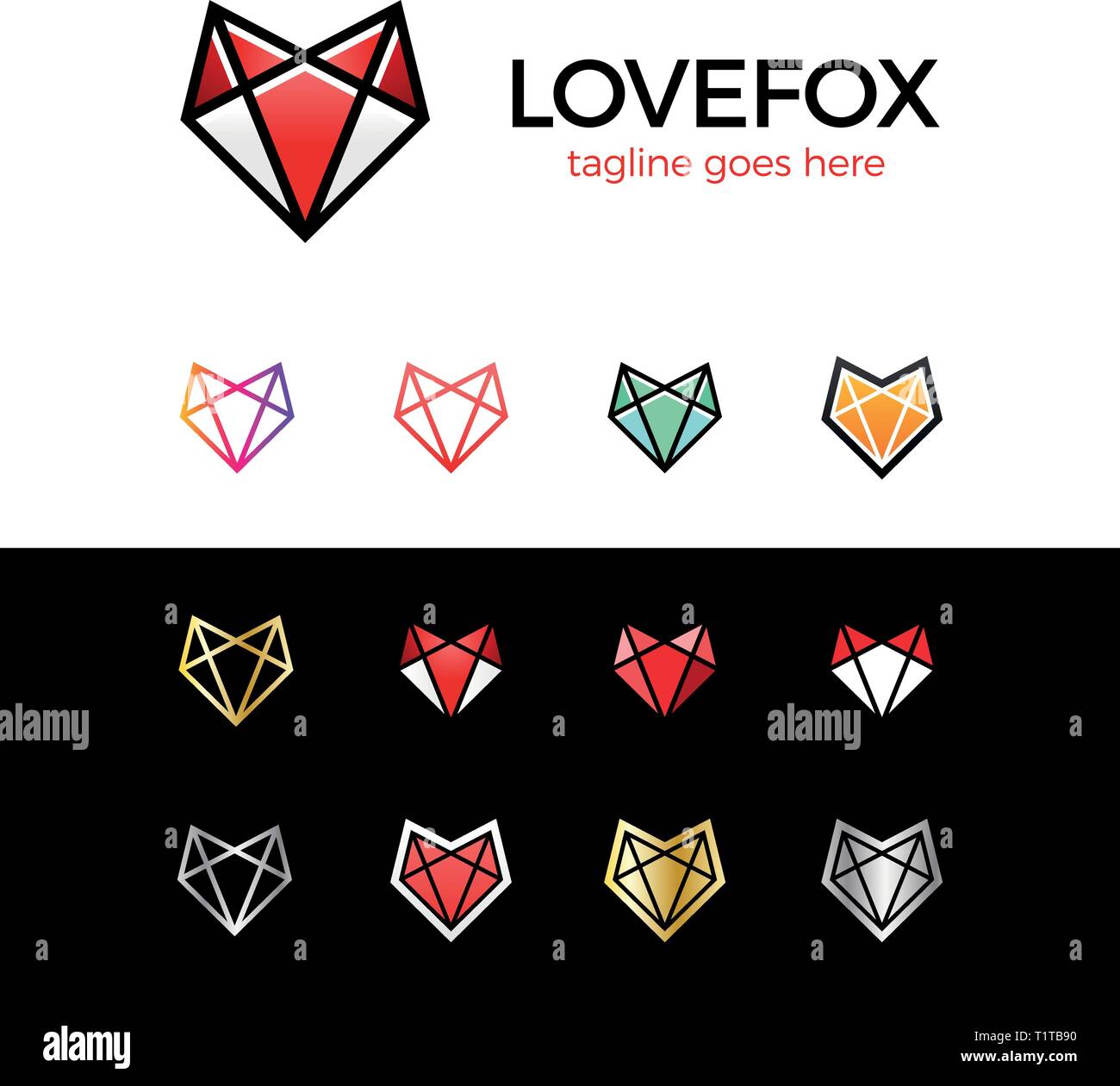 Amore testa fox riga logo fox. cuore logotipo impostato Illustrazione Vettoriale
