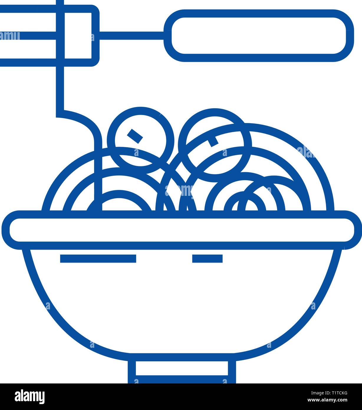 Spaghetti alla bolognese con polpettine icona linea concept. Spaghetti alla bolognese con polpette di carne piatto simbolo del vettore, segno, illustrazione di contorno. Illustrazione Vettoriale