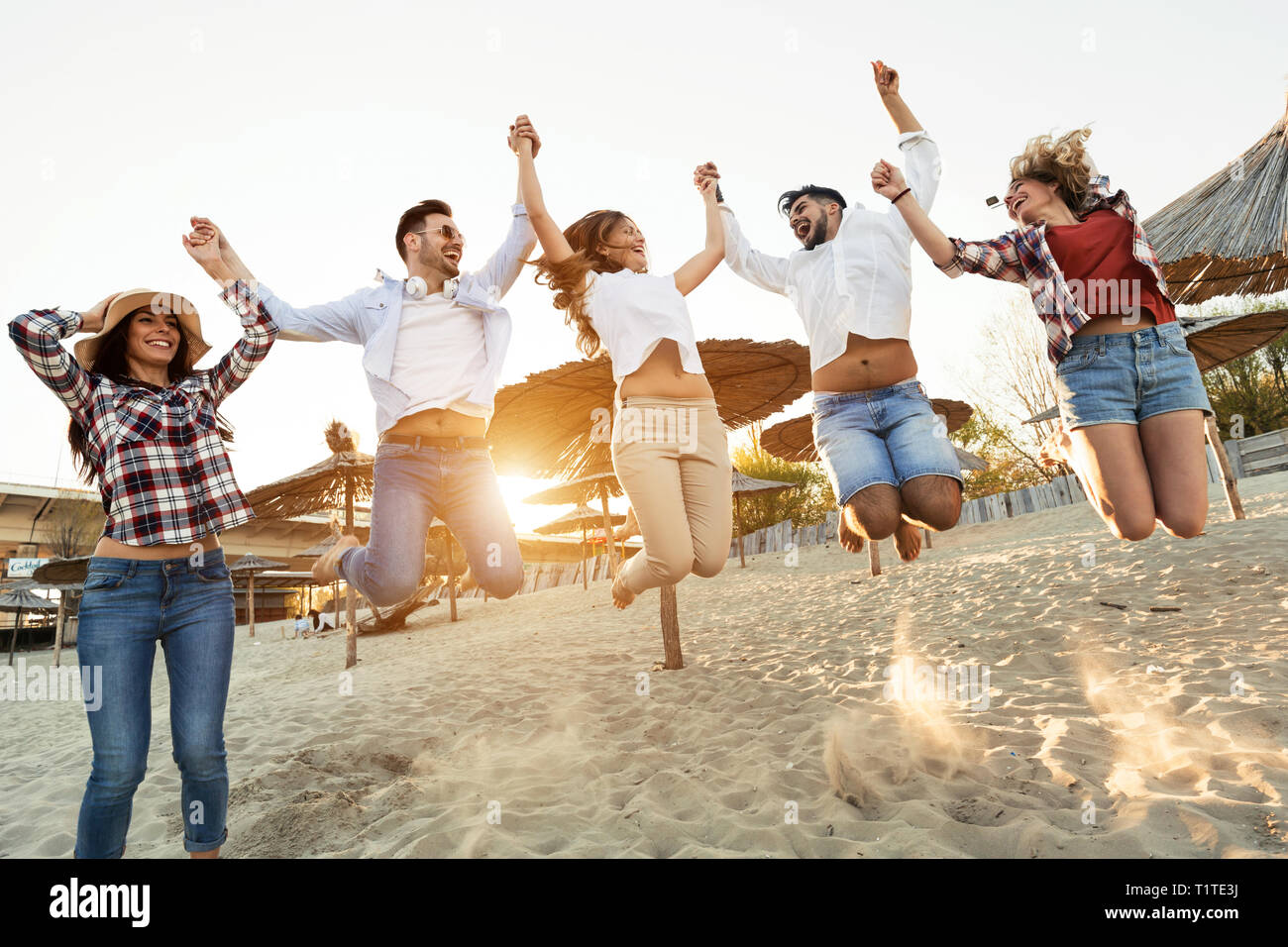Gruppo di amici sulla spiaggia divertendosi Foto Stock