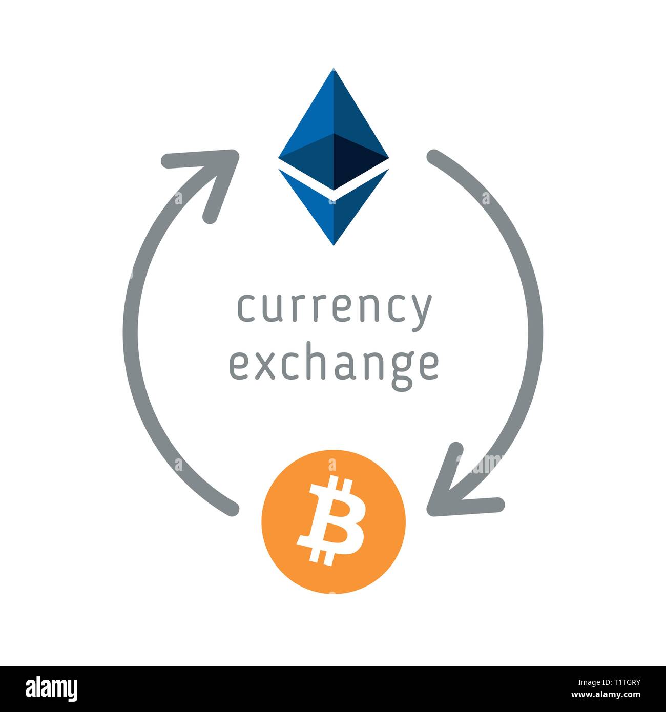 Bitcoin ethereum e cambio valuta. Conversione Cryptocurrency. Bitcoin e ethereum cions simbolo. Illustrazione Vettoriale