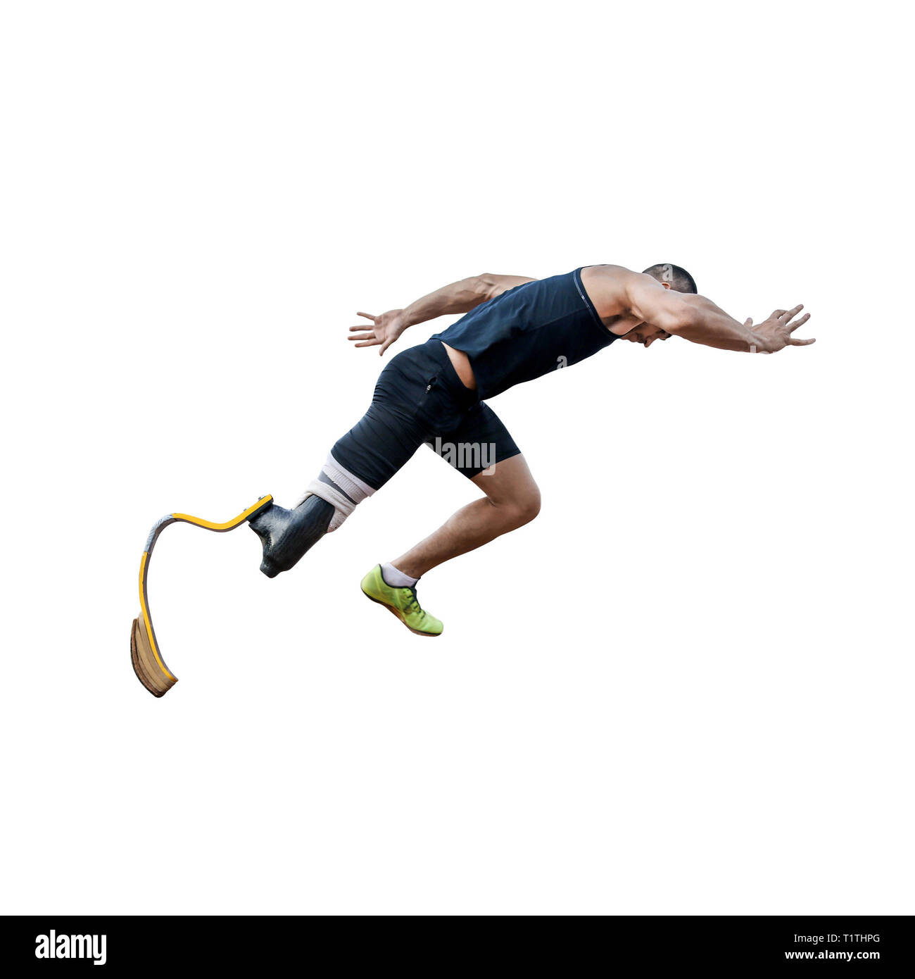 Atleta runner disabilitato con protesico per iniziare a correre su sfondo bianco Foto Stock