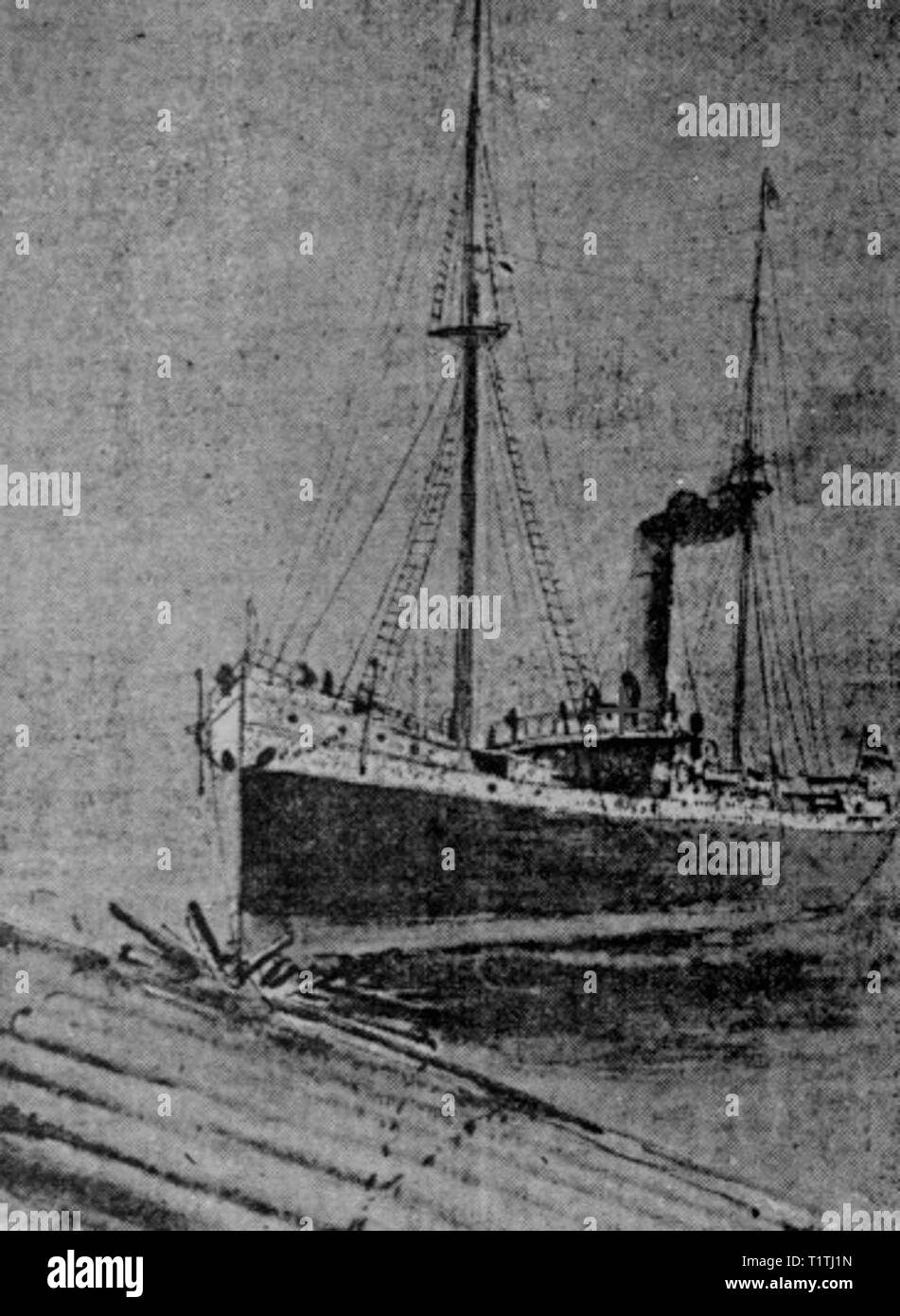 Una illustrazione della Columbia collidere con una zattera di registro sul fiume Columbia il 1 febbraio 1906. Foto Stock