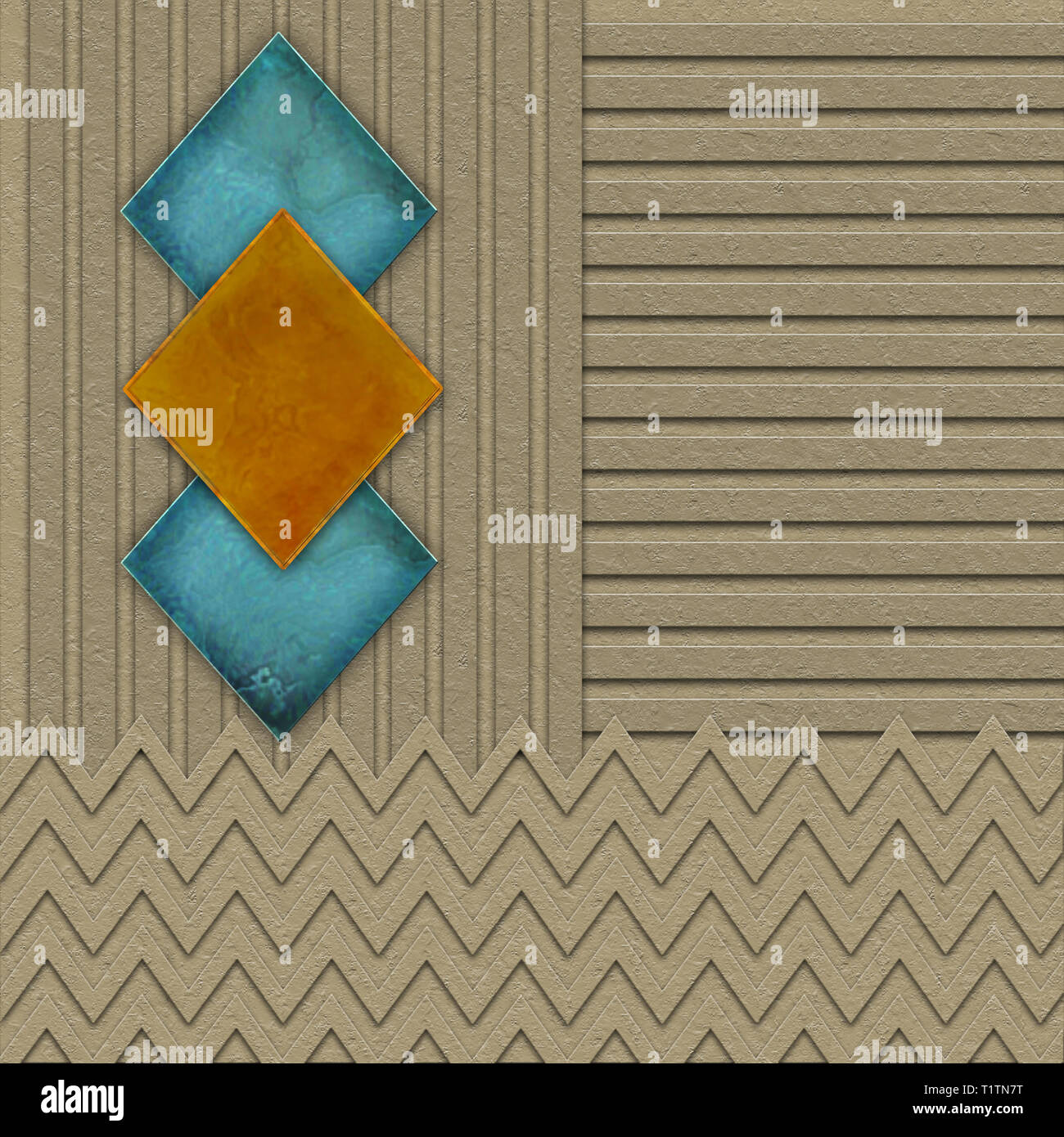 Grafica geometrica Background in toni di marrone con effetti di tessitura. Marmo-come rombi turchese blu e arancione. Foto Stock