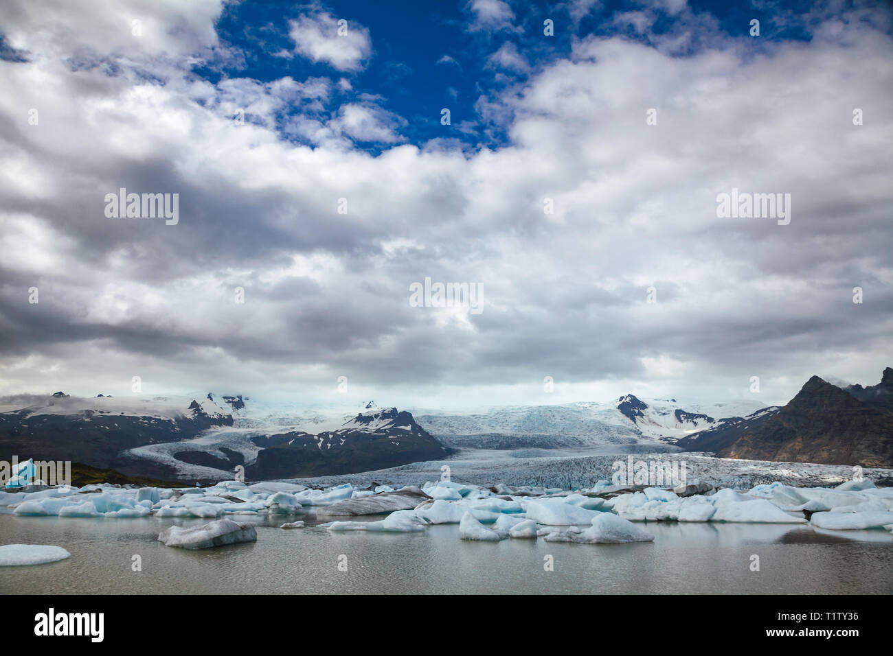 La fusione degli iceberg galleggianti in Fjallsarlon lago glaciale con ghiacciaio Fjallsjokull parto in laguna visto in background, Vatnajokull National Park, Foto Stock