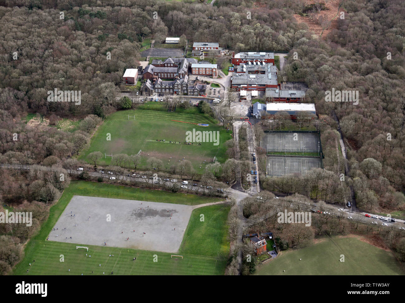 Vista aerea di Rivington & Blackrod High School, Horwich, nr Bolton, Lancashire Foto Stock