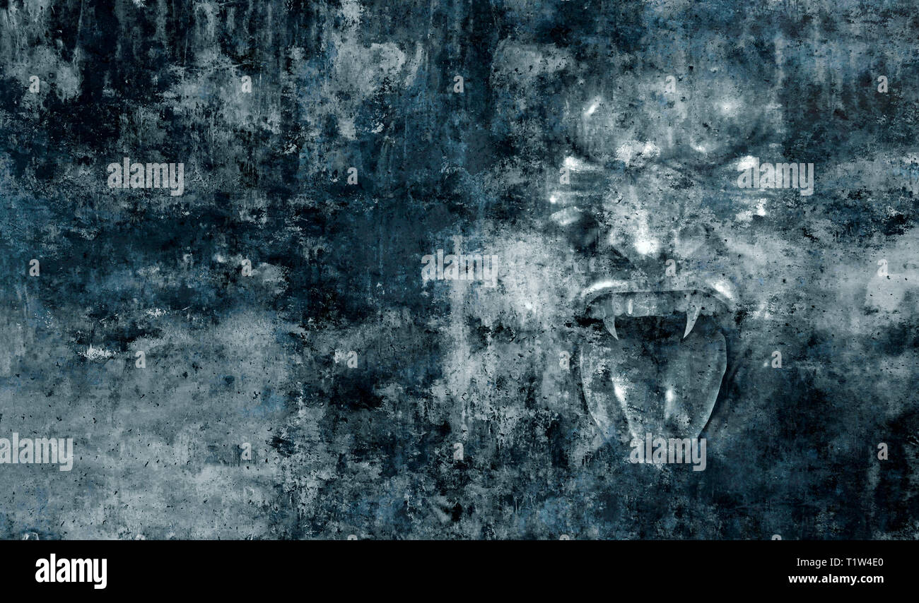 Orrore mostro faccia demone abstract background su un rustico texture grunge come un concetto di paura come un urlando crudele zombie o vampiro che rappresentano. Foto Stock