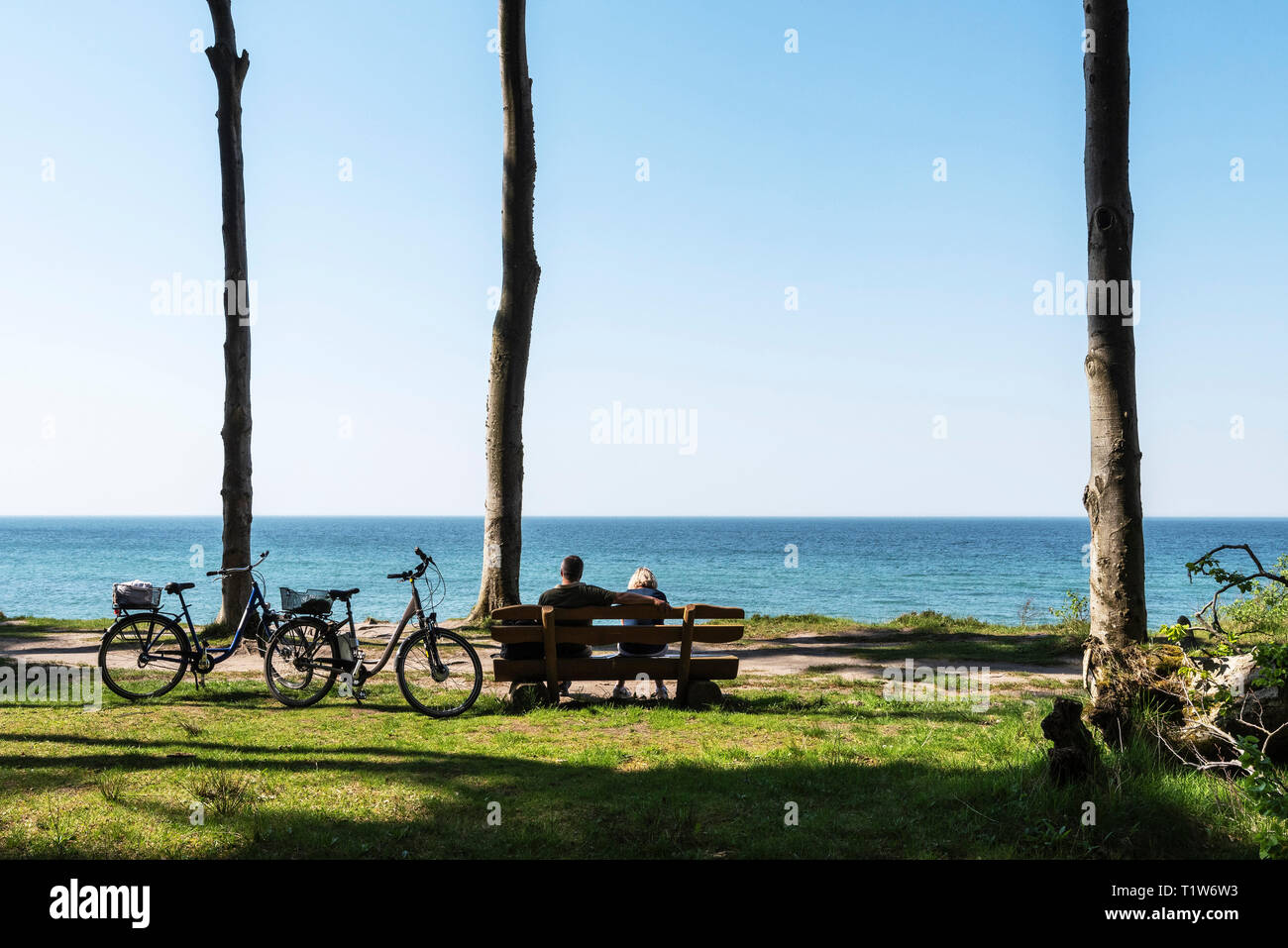 I ciclisti, panca, ghost legno, Nienhagen, Mar Baltico, Meclemburgo-Pomerania, Germania Foto Stock