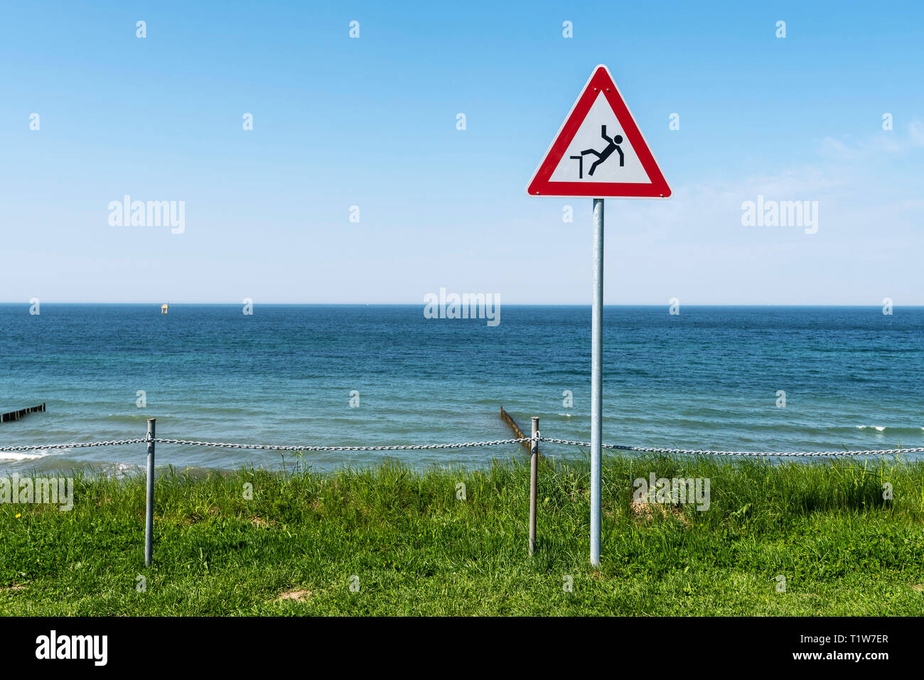 Pericolo di caduta, avviso Nienhagen, Mar Baltico, Meclemburgo-Pomerania, Germania Foto Stock